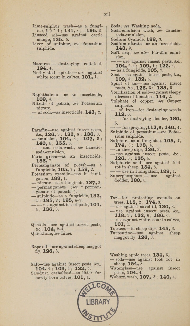 Lime-sulphur wash—as a fungi- id3,15)° 4; 131,8; 1965, 5. Linseed oil—use against cattle mange, 135, 5. Liver of sulphur, see Potassium sulphide. Manures — destroying coltsfoot, 194, 4. Methylated spirits— use against white scour in calves, 101, 1. Naphthalene—as an insecticide, 109, 4. Nitrate of potash, see Potassium nitrate. — of soda—as insecticide, 143, 2. Paraffin—use against insect pests, &amp;e., 126, 35 132, 6 ; 136, 3. —emulsion, 104, 4; 107, 3; 140, 4; 1585, 3. ——and soda-wash, see Caustic- ' goda-emulsion. Paris green—as an 186, 7. Permanganate of pvotash—as a fungicide, 105, 7; 158, 2. Potassium cyanide—use in fumi- gation, 188, 1. — nitrate—as a fungicide, 137, 2. — permanganate (see “ perman- ganate of potash’’). — sulphide—as a fungicide, 133, 1; 185, 2; 195, 4-7. — — use against insect pests, 104, 4; 136, 3. insecticide, Quassia—use against insect pests, &amp;e., L104, 2-4. Quicklime, see Lime. Rape oil—use against sheep maggot fly, 1 26, 3. Salt—use against insect pests, Kc., 104, 4; 109, 4; 132, 5. Sawdust, carbolised—as litter for newly-born calves, 101, 1. Xi  Soda, see Washing soda. Soda-emulsion wash, see Caustic- soda-emulsion, Sodium Cyanide, 188, 3. Sodium nitrate—as an insecticide, 143, 2. Soft soap, see also Paraffin emul- sion. — — use against insect pests, &amp;c., 104, 2-4; 109, 4; 122, 4. — asa fungicide, 105, 7. Soot—use against insect pests, Xc., 109, 4; 132, 5. Spirit of tar—use against insect pests, &amp;c., 126, 3; 135, 5 Sterilisation of soil—against sleepy disease of tomatoes, 116, 2. Sulphate of copper, see Copper sulphate. — of iron—for destroying weeds 112, 6. — — for destroying dodder, 180, 6 — — forspraying,112,6; 140, 4. Sulphide of potassium—see Potas- sium sulphide. Sulphur—as a fungicide, 105, 7, 174, 3; 178, 4. — in sheep dips, 126, 3. — use against insect pests, Xc., 126, 3 3 135, 5. Sulphuric acid—use against foot rot in sheep, 154, 8. — — use in fumigation, 188, 1. Superphosphate — use against dodder, 180, 5. Tar—for protecting wounds on trees, 115, 2 3 174, 3. — use against navel ill, 130, 3. — use against insect pests, &amp;c., 118, 3; 132, 6; 186, 6 — use against white scour in calves, 101, 1. Tobacco—in sheep dips, 145, 3. Turpentine—use against sheep maggot fly, 126, 3. Washing apple trees, 134, 5., — soda—use against foot rot in sheep, 154, 8. Waterglass—use pests, 104, 4. Woburn wash, 107, 3; 140, 4. against insect 