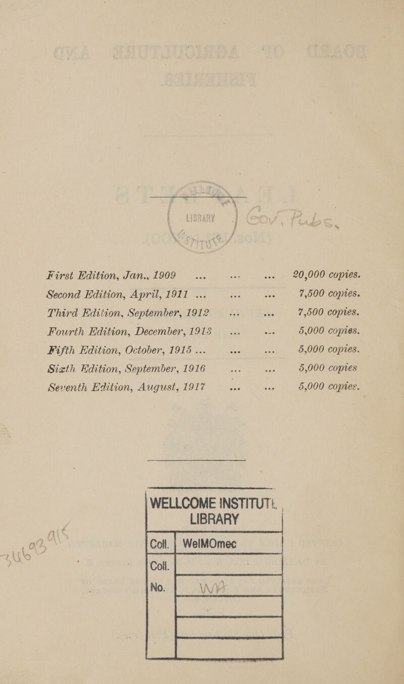 First Edition, Jan.,1909 ... aut ..- 20,000 copies. Second Edition, April, 1911 ... a Bae 7,500 copies. Third Edition, September, 1912 ...- Be 7,500 coptes. Fourth Edition, December, 1913... ae 5,000 copies. Fifth Edition, October, 1915 ... vee ae 5,000 copies. — Sizth Hdition, September, 1916 are Pea an 5,000 copies Seventh Edition, August, 1917 - Ses 5,000 copies.  | WELLCOME INSTITUT. | LIBRARY =   