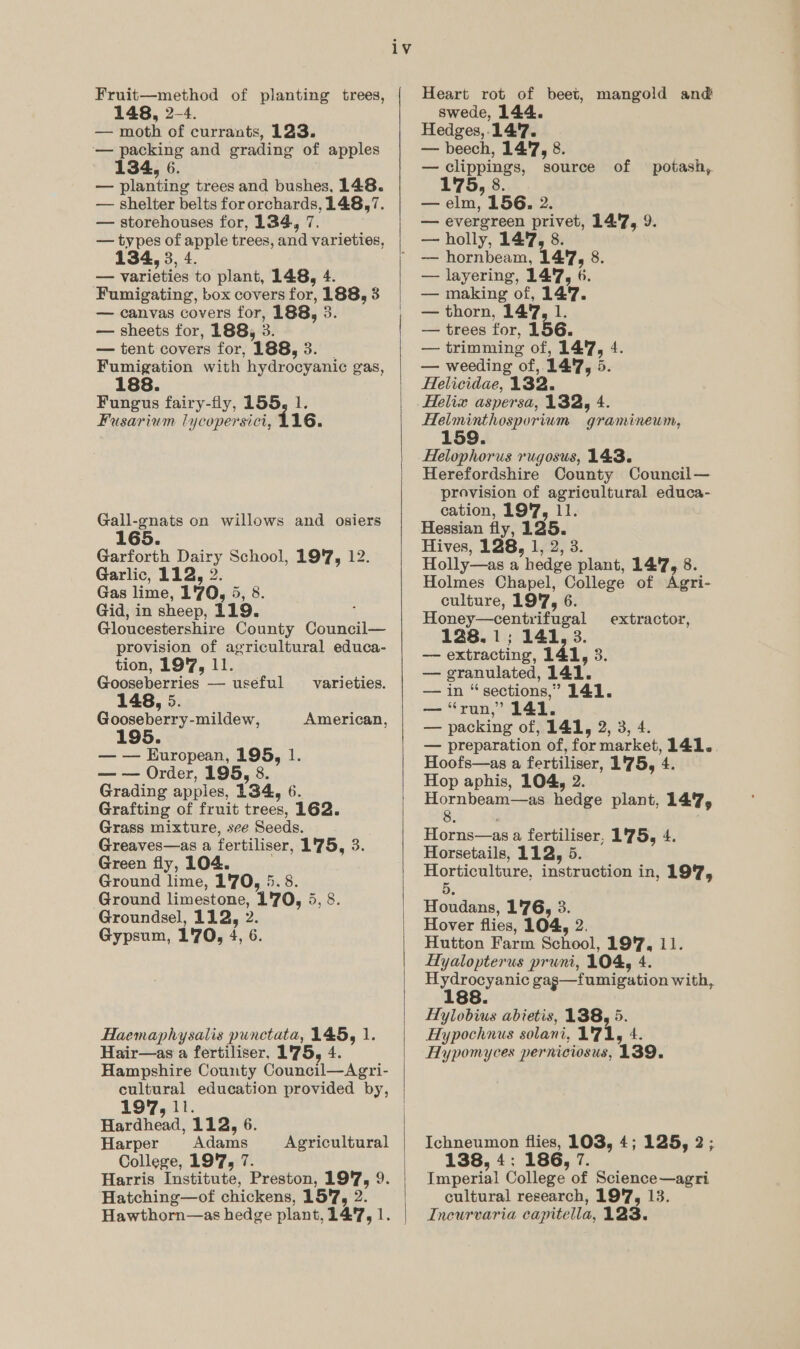 Fruit—method of planting trees, 148, 2-4. — moth of currants, 123. — packing and grading of apples 134, 6. — planting trees and bushes, 148. — shelter belts for orchards, 148,7. — storehouses for, 134, 7. — types of apple trees, and varieties, , 4. — varieties to plant, 148, 4. Fumigating, box covers for, 188, 3 — canvas covers for, 188, 3. — sheets for, 188, 3. — tent covers for, 188, 3. _ Fumigation with hydrocyanic gas, 188. Fungus fairy-fly, 155, 1. Fusarium lycopersici, 116. Gall-gnats on willows and osiers 165. Garforth Dairy School, 197, 12. Garlic, 112, 2. Gas lime, 1'70O, 5, 8. Gid, in sheep, 119. Gloucestershire County Council— provision of agricultural educa- tion, 197, 11. Gooseberries — useful varieties. 148, 5. Gooseberry-mildew, American, 195 — — European, 195, 1. — — Order, 195, 8. Grading apples, 134, 6. Grafting of fruit trees, 162. Grass mixture, see Seeds. . Greaves—as a fertiliser, 1'75, 3. Green fly, 104. Ground lime, 170, 5.8. Ground limestone, 1'70, 5, 8. Groundsel, 112, 2. Gypsum, 170, 4, 6. Haemaphysalis punctata, 145, 1. Hair—as a fertiliser, 1'75, 4. Hampshire County Council—Agri- cultural education provided by, 197, 11. Hardhead, 112, 6. Harper Adams College, 197, 7. Harris Institute, Preston, 197, 9. Hatching—of chickens, 157, 2. Hawthorn—as hedge plant, 14:7, 1. Agricultural iv  Heart rot of beet, mangold and swede, 144. Hedges, 14'7. — beech, 147, 8. — clippings, source 175, 8. — elm, 156. 2. — evergreen privet, 14'7, 9. — holly, 1417, 8. — hornbeam, 147, 8. — layering, 1417, 6. — making of, 14'7. — thorn, 147, 1. — trees for, 156. — trimming of, 1417, 4. — weeding of, 14'7, 5. Helicidae, 132. Helix aspersa, 132, 4. Helminthosporium gramineum, 159. Helophorus rugosus, 143. Herefordshire County Council— provision of agricultural educa- cation, 197, 11. Hessian fly, 125. Hives, 128, 1, 2, 3. Holly—as a hedge plant, 147, 8. Holmes Chapel, College of Agri- culture, 197, 6. Honey—centrifugal 128.1; 141, 3. — extracting, 141, 3. — granulated, 141. — in “sections,” 141. — “run,’ 141. — packing of, L41, 2, 3, 4. — preparation of, for market, 141.. Hoofs—as a fertiliser, 1'75, 4. Hop aphis, 104, 2. Hornbeam—as hedge plant, 147, 8. Horns—as a fertiliser, 1'75, 4. Horsetails, 112, 5. Horticulture, instruction in, 197, Houdans, 176, 3. Hover flies, 104, 2. Hutton Farm School, 197, 11. Hyalopterus pruni, 104, 4. ean gags—fumigation with, of potash,. extractor, Hylobius abietis, 138, 5. Hypochnus solani, U'71, 4. Hypomyces perniciosus, 139. Ichneumon flies, 103, 4; 125, 2; 138, 4; 186, 7. Imperial College of Science—agri cultural research, 19'7, 13. Incurvaria capitella, 123.