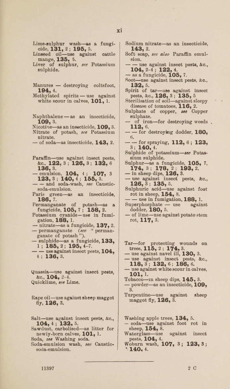 Lime-sulphur wash—as a fungi- cide, 131, 2; 195, 5. Linseed oil—use against mange, 135, 5. Liver of sulphur, see Potassium sulphide. cattle 194, 4. Methylated spirits— use against white scour in calves, 101, 1. Naphthalene —as an_ insecticide, 109, 3. Nicotine—as an insecticide, 109, 3. Nitrate of potash, see Potassium nitrate. — of soda—as insecticide, 143, 2. Parafiin—use against insect pests, &amp;e., 122. 3 5 126, 3; 132, 6 136, 3. — emulsion, 104, 1; 107, 3 — — and soda-wash, see Caustic- soda-emulsion. Paris green—as 186, 7. Permanganate of pvutash—as a fungicide, 105, 7; 158, 2. Potassium cyanide—use in fumi- gation, 188, 1. — nitrate—as a fungicide, 137, 2. — permanganate (see ‘“ perman- ganate of potash”), — sulphide—as a fungicide, 133, 1; 185, 2; 195, 4-7. — — use against insect pests, 104, 4; 136, 3. an insecticide, Quassia—use against insect pests, &amp;e., LO4, 2-4. Quicklime, see Lime. Rape oil—use against sheep maggot fly, 126, 3. Salt—use against insect pests, Kc., 104, 4 3 132, 5. Sawdust, carbolised—as litter for newly-born calves, 101, 1. Soda, see Washing soda. Soda-emulsion wash, see Caustic- soda-emulsion. 11397 xi  Sodium nitrate—as an insecticide, 143, 2. Soft soap, see also Paraffin emul- sion. — — use against insect peste, kc., 104, 2-4; 122, 4 — as a fungicide, 105, 7. Soot—use against insect pests, Kc., 132, 5. Spirit of tar—use against insect pests, &amp;c., 126, 3; 135, 5 Sterilisation of soil—against sleepy disease of tomatoes, 116, 2. Sulphate of copper, see Copper sulphate. — of iron—for destroying weeds . 112, 6. — — for destroying dodder, 180, 6. — — for spraying, 112, 6; 123, 3 ; 140, 4, Sulphide of potassium—see Potas- sium sulphide. Sulphur—as a fungicide, 105, 7, — in sheep dips, 126, 3. — use against insect pests, &amp;c., 126, 3; 135, 5. Sulphuric acid—use against foot rot in sheep, 154, 8. — — use in fumigation, 188, 1. Superphosphate — use against dodder, 180, 5. — of lime—use against potato stem rot, 117, 3. Tar—for protecting wounds on trees, 115, 2; 1'74, 3. — use against navel ill, 130, 3. —use against insect pests, Xc., 118, 3; 132, 6; 186, 6. — use against white scour in calves, LO1, 1. Tobacco—in sheep dips, 145, 3. — powder—as an insecticide, 109, 3. Turpentine—use against maggot fly, 126, 3. sheep Washing apple trees, 134, 5. — soda—use against foot rot in sheep, 154, 8. Waterglass—use pests, 104, 4. Woburn wash, 107, 3; 123, 3; “140, 4. against insect 2C