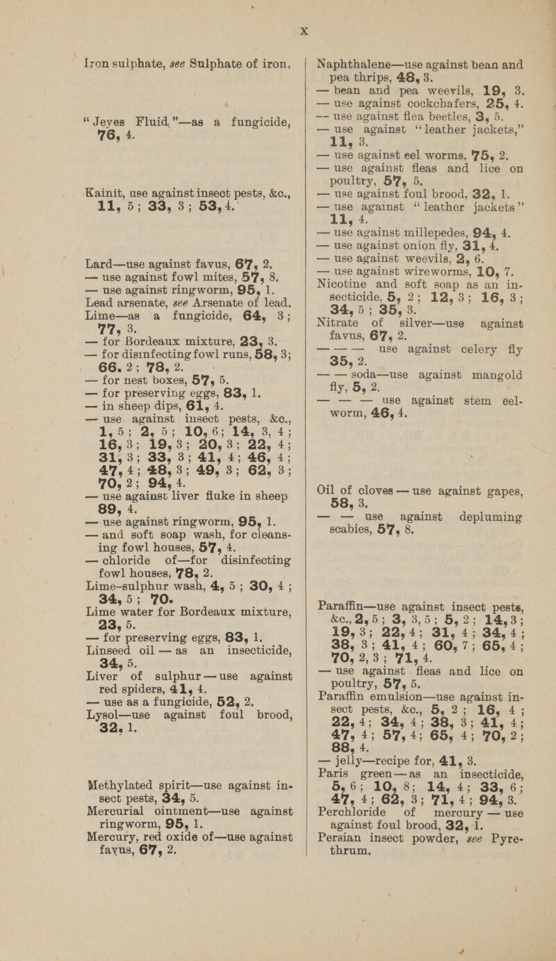 Iron sulphate, see Sulphate of iron, “Jeyes Fluid,”—as a fungicide, 76, 4. ‘Kainit, use against insect pests, &c., 11, 5; 33, 3; 53,4. Lard—use against favus, 6'7, 2. — use against fowl mites, 5'7, 8. — use against ringworm, 95, 1. Lead arsenate, see Arsenate of lead. Lime—as a fungicide, 64, 3; 77, 3. — for Bordeaux mixture, 23, 3. — for disinfecting fowl runs, 58, 3% 66. 2 } 78, 2. : — for nest boxes, 5'7, 5. — for preserving eggs, 83, 1. — in sheep dips, 61, 4. — use against insect pests, &c., Lo) 2, Bis LO, 6; 14, 3; 4; 31,3; 33, 3; 41, 4; 46, 4; 47,4; 48,3; 49, 3; 62, 3; 70,2; 94, 4 — use against liver fluke in sheep 89, 4. — use against ringworm, 95, 1. —and soft soap wash, for cleans- ing fowl houses, 57, 4. — chloride of—for disinfecting fowl houses, '78, 2. Lime-sulphur wash, 4,5; 30, 4 ; 34,5; 70. Lime water for Bordeaux mixture, 23, 5. — for preserving eggs, 83, 1. Linseed oil—as an _ insecticide, 34, 5. Liver of sulphur—use against red spiders, 41, 4. — use as a fungicide, 52, 2. Lysol—use against foul brood, 32, 1. Methylated spirit—use against in- sect pests, 34, 5. Mercurial ointment—use against ringworm, 95, 1. Mercury, red oxide of—use against fayus, 67, 2. Naphthalene—use against bean and pea thrips, 48, 3. — bean and pea weevils, 19, 3. — use against cockchafers, 25, 4. —- use against flea beetles, 3, 5. — use against ‘leather jackets,” 11, 3. — use against eel worms, 75, 2, — use against fleas and lice on poultry, 57, 5. — use against foul brood, 32, 1. — use against “leather jackets” Li, 4 — use against millepedes, 94, 4. — use against onion fly, 31, 4, — use against weevils, 2, 6. — use against wireworms, 10, 7. Nicotine and soft soap as an in- secticide, 5, 2; 12,3; 16, 3; bf 34,5; 35,3 Nitrate of silver—use against favus, 67, 2. —-——-— use against celery fly 35, 2. — — soda—use against mangold fly, 5, 2. — — — use against stem eel- worm, 46, 4. Oil of cloves — use against gapes, 58, 3. — — use. against depluming scabies, 57, 8. Paraffin—use against insect pests, &e., 2,5; 3, 3,5; 5,2; 14,3; 19,3; 22,4; 31, 4; 34,4; 70, 2, 3 3 71, 4, — use against fleas and lice on poultry, 5'7, 5. Paraffin emulsion—use against in- sect pests, &c., 5,2; 16, 4; 88, 4. — jelly—recipe for, 41, 3. Paris green—as an_ insecticide, 5,6; 10, 8; 14, 4; 33, 6; 47, 4; 62, 3; 71,4; 94,3. Perchloride of mercury — use against foul brood, 32, 1. Persian insect powder, see Pyre- thrum,