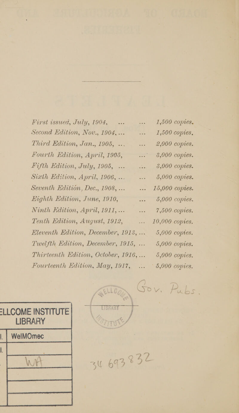  First issued, July, 1904, ... ... ' 1,500 copies, Second Edition, Nov., 1904, ... ... 1,500 copies, Third Haition, Jon. 1905, 2. ... 2,000 copies. Fourth Edition, April, 1905, ... 8,000 copves. fifth Edition, July, 1905, ... ws. 8,000 copres. Sixth Hdstion, April, 1906, ..- ... 6,000 copies. Seventh Edition, Dec., 1908, ... ... 15,000 copies. Kighth Hdition, June, 1910, «0,000 copies. Ninth Hdition, April, 1911, ... ... 7,500.copves. Tenth Edition, August, 1912, Read a 0,000 copies. Hleventh Edition, December, 1913, .... 5,000 coptes. Twelfth Edition, December, 1915, ... 5,000 copies. Thirteenth Edition, October, 1916,..._ 5,000 copies. Fourteenth Edition, May, 1917, ... ~ 5,000 comes. P. | Ka Ve B A p ; 