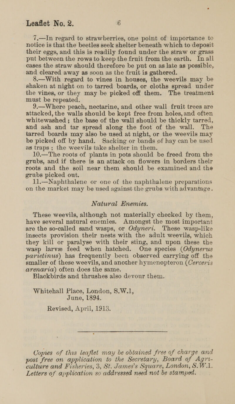 7.—In regard to strawberries, one point of importance to notice is that the beetles seek shelter beneath which to deposit their eggs, and this is readily found under the straw or grass put between the rows to keep the fruit from the earth. Inall cases the straw should therefore be put on as late as possible, and cleared away as soon as the fruit is gathered. 8.—With regard to vines in houses, the weevils may be shaken at night on to tarred boards, or cloths spread under the vines, or they may be picked off them. The treatment must be repeated. 9.—Where peach, nectarine, and other wall fruit trees are attacked, the walls should be kept free from holes, and often whitewashed ; the base of the wall should be thickly tarred, and ash and tar spread along the foot of the wall. The tarred boards may also be used at night, or the weevils may be picked off by hand. Sacking or bands of hay can be used as traps; the weevils take shelter in them. 10.—The roots of plants in pots should be freed from the grubs, and if there is an attack on flowers in borders their roots and the soil near them should be examined and the grubs picked out. 11.—Naphthalene or one of the naphthalene preparations on the market may be used against the grubs with advantage. Natural Enemies. These weevils, although not materially checked by them, have several natural enemies. Amongst the most important are the so-called sand wasps, or Odyneri. These wasp-like insects provision their nests with the adult weevils, which they kill or paralyse with their sting, and upon these the wasp larve feed when hatched. One species (Odynerus parietinus) has frequently been observed carrying off the smaller of these weevils, and another hymenopteron (Cerceris arenaria) often does the same. | Blackbirds and thrushes also devour them, Whitehall Place, London, 8.W.1, June, 1894. Revised, April, 1913. Copies of this leaflet may be obtained free of charge and post free on application to the Secretary, Board of Agri- culture and Fisheries, 3, St. James’s Square, London, S.W.1.