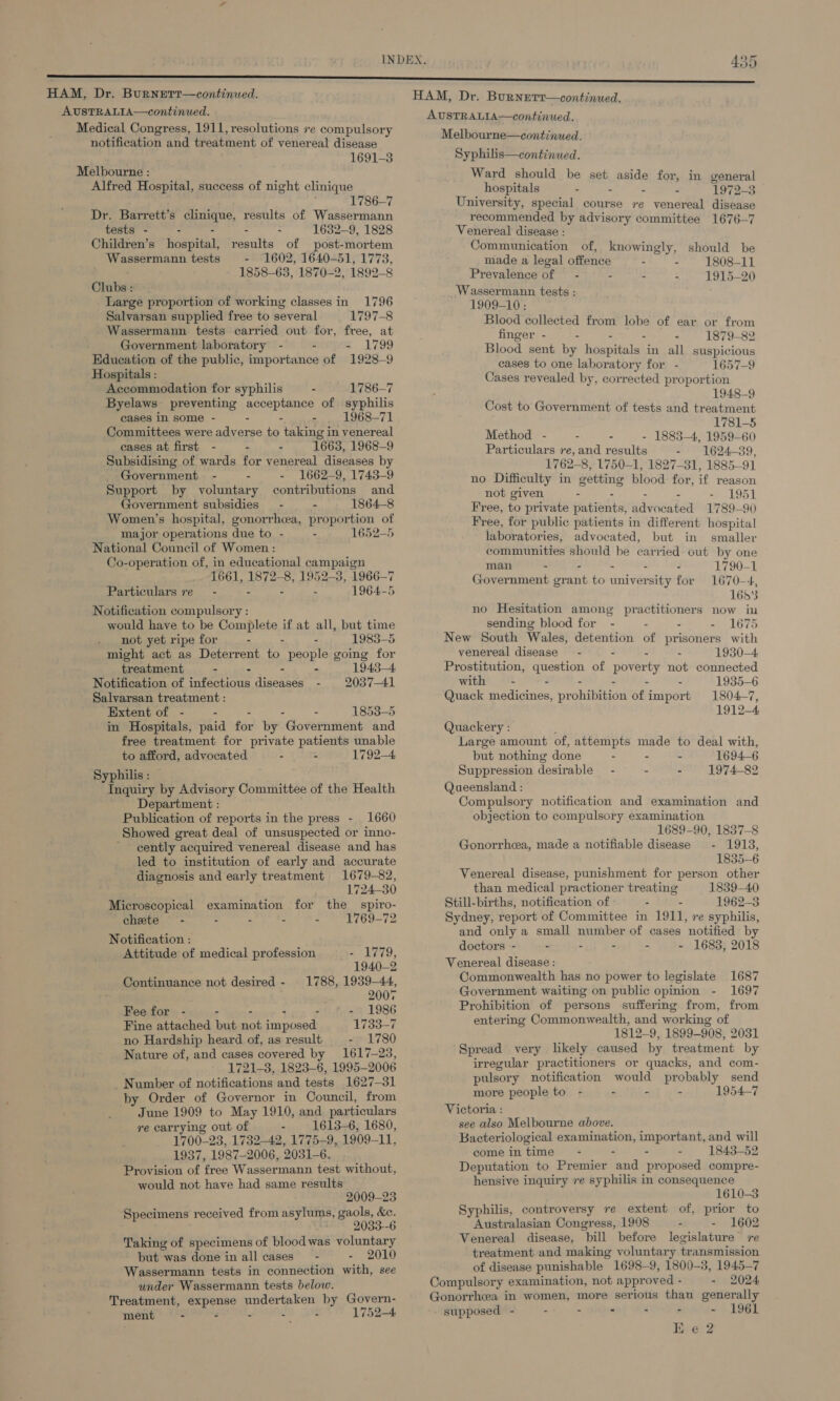 TS SSR Te HAM, Dr. Burnetr—continued. HAM, Dr. Burnetr—continued. AUSTRALIA—continued. AUSTRALIA—continued. Medical Congress, 1911, resolutions re compulsory notification and treatment of venereal disease 1691-3 Melbourne : Alfred Hospital, success of night clinique 1786-7 Dr. Barrett’s elinidne, results of Wassermann tests - - - - 1632-9, 1828 Children’s Hospital results of post-mortem Wassermann tests - 1602, 1640-51, 1773, 1858-63, 1870-2, 1892-8 Clubs : Large proportion of working classes in 1796 Salvarsan supplied free to several 1797-8 Wassermann tests carried out for, free, at Government laboratory - - - 1799 Education of the public, importance of 1928-9 Hospitals : Accommodation for syphilis - 1786-7 Byelaws preventing acceptance of syphilis cases in some - : - - 1968-71 Committees were adverse to taking in venereal cases at first - s - 1663, 1968-9 Subsidising of wards for venereal diseases by Government - = - 1662-9, 1743-9 Support by voluntary contributions and Government subsidies — - - 1864-8 Women’s hospital, gonorrhcea, proportion of major operations due to - - 1652-5 National Council of Women : Co-operation of, in educational campaign 1661, 1872-8, 1952-3, 1966-7 Particulars re - - - - 1964-5 Notification compulsory : would have to be Complete if at all, but time not yet ripe for - - - 1983-5 might act as Deterrent to people going for treatment - - - - 1945-4 Notification of infectious diseases - 2037-41 Salvarsan treatment : Extent of - - - 1853-5 in Hospitals, paid fez by »Gavarnanént and free treatment for private patients unable to afford, advocated - - 1792-4, Syphilis : Inquiry by Advisory Committee of the Health Department : Publication of reports in the press - 1660 Showed great deal of unsuspected or inno- - cently acquired venereal disease and has led to institution of early and accurate diagnosis and early treatment 1679-82, 1724-30 Microscopical examination for the spiro- chete - - - - - 1769-72 Notification : Attitude of medical profession - 1779, 1940-2 Continuance not desired - 1788, 1939-44, 2007 Fee for - : - - 1986 Fine attached but nat apooed 1733-7 no Hardship heard of, as result - 1780 Nature of, and cases covered by 1617-23, 1721-3, 1823-6, 1995- 2006 - Number of notifications and tests 1627-31 by Order of Governor in Council, from rc 1909 to May 1910, and particulars re carrying out of : 1613-6, 1680, 1700-23, 1732-42, 1775-9, 1909-11, 1937, 1987-2006, 2031- 6. Provision of ‘free Wassermann test without, would not have had same results 2009-23 Specimens received from asylums, gaols, &amp;e. 2033--6 Taking of specimens of blood was voluntary but was done in all cases” - - 2010 Wassermann tests in connection with, see under Wassermann tests below. Treatment, expense undertaken by Govern- ment - - - - - 1752-4 Melbourne—continued. Syphilis—continued. Ward should be set aside for, in general hospitals - - - 1972-3 University, special course re . yenevela an recommended by advisory committee 1676-7 Venereal disease : Communication of, knowingly, should be made a legal offence . - 1808-11 Prevalence of = - - - : 1915-20 Wassermann tests : 1909-10: Blood collected from lobe of ear or from finger - . “ - . 1879-82 Blood sent by hospitals in all rl ee cases to one laboratory for - 1657 Cases revealed by, corrected propor ‘bh 1948-9 Cost to Government of tests and treatment t7Sl—5 Method - - - - 1883—4, 1959-60 Particulars re, and results : 1624-39, 1762-8, 1750-1, 1827-31, 1885-91 no Difficulty in getting blood for, if reason not given - - - 1951 Free, to private patients: ddmceatad 1789-90 Free, for public patients in different hospital laboratories, advocated, but in smaller communities should be carried out by one man - - - - - 1790-1 Government grant to university for 1670-4, 1683 no Hesitation among practitioners now in sending blood for - - - - 1675 New South Wales, detention of prisoners with venereal disease —- - - : 1930-4 Prostitution, question of poverty not connected with = - - - - - - 1935-6 Quack medicines, prohibition of import 1804-7, 1912-4 Quackery : Large amount of, attempts made to deal with, but nothing done - - - 1694-6 Suppression desirable - - - 1974-82 Queensland : Compulsory notification and examination and objection to compulsory examination 1689-90, 1837-8 Gonorrhea, made a notifiable disease - 1913, 1835-6 Venereal disease, punishment for person other than medical practioner treating 1839-40 Still-births, notification of » : : 1962-3 Sydney, report of Committee in 1911, re syphilis, and only a small number of cases notified by doctors - - - - - - 1683, 2018 Venereal disease : Commonwealth has no power to legislate 1687 Government waiting on public opinion - 1697 Prohibition of persons suffering from, from entering Commonwealth, and working of 1812-9, 1899-908, 2031 Spread very likely caused by treatment by irregular practitioners or quacks, and com- pulsory notification would probably send more people to - - - - 1954-7 Victoria : see also Melbourne above. Bacteriological examination, important, and will come in time - : - - 1843-52 Deputation to Premier and proposed compre- hensive inquiry ve syphilis in consequence 1610-3 Syphilis, controversy re extent of, prior to Australasian Congress, 1908 - - 1602 Venereal disease, “pill before legislature re treatment and making voluntary transmission of disease punishable 1698-9, 1800-3, 1945-7 supposed - - - - - - - 1961