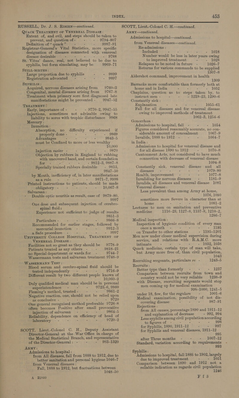 eam eee RUSSELL, Dr. J. S. Risten—continued. SCOTT, Lieut.-Colonel C. H.—continued. Quack TREATMENT OF VENEREAL DISEASE: ArmMy—continued. Extent of, and evil, and steps should be taken to prevent, and question of - - 9794-807 Definition of “ quack” 9987-91 Registrar-General’s Vital Statistics, more specific designation of diseases connected with venereal disease desirable - - - - - 9788 St. Vitus’ dance, real, not believed to be due to syphilis, but form simulating, may be 9969-71 STILL-BIRTHS : Large proportion due to syphilis - - 9899 Registration advocated - - - - 9897 SYPHILIs : Acquired, nervous diseases arising from 9760-3 Congenital, mental diseases arising from 9767-8 Treatment when primary sore first diagnosed late manifestations might be prevented - 9947-52 ‘TREATMENT = Early, importance of - - - 9770-2, 9947-55 Injections, sometimes not advisable owing to liability to sores with trophic disturbance 9968 Mercury : Inunction : Absorption, no difficulty experienced if properly done - . . . - 9869 Advantages - - - - 9843-5 must be Confined to more or less wealthy 10,000 Injection easier - - - - 9870 Objection by rubbers in England to rubbing with uncovered hand, and certain foundation for - - - - - 9812-3, 9887-8 Specially trained rubbers desirable - 9813, 9847-50 by Mouth, inefficiency of, in later manifestations asarule - e- Be 9871-7, 9998 Printed instructions to patients, should be made obligatory - - - - - 10,067-8 Salvarsan : Double optic neuritis as result, case of 9879-80, 9997 One dose and subsequent injection of cerebro- spinal fluid: Experience not sufficient to judge of results 9851-3 Particulars - - . - - 9866-8 Recommended for earlier stages, followed by mercurial inunction §- : - 9912-3 a Safe procedure - - - - = 9997 Untversity CoLLeceE HospitaL, TREATMENT OF VENEREAL DISEASE : Facilities not so great as they should be 9778-9 Patients treated as any others 9818-21 no Special department or wards for - 9744-7 Wassermann tests and salvarsan treatment 9748-9 WASSERMANN TEST: Blood serum and cerebro-spinal fluid should be tested independently - - - 9716-9 Different result by two different people known of 10,060-2 Duly qualified medical man should be in personal superintendence” - - - 9723-6, 9860 Fleming’s method, trusted - - - 9861-2 Negative reaction. one, should not be relied upon as conclusive - - - - 9720 One general recognised method preferable 9726-8 often becomes Positive after small provocative injection of salvarsan - - - 9864-5 Reliability, dependence on efficiency of head of laboratory - : - - - 9720-2 SCOTT, Lieut.-Colonel C. H., Deputy Assistant Director-General at the War Office in charge of the Medical Statistical Branch, and representative of the Director-General: - . 983-1320 ARMY : Admissions to hospital : from All diseases, fall from-1888 to 1912, due to better sanitation and personal hygiene 1046-7 from Venereal diseases : Fall, 1888 to 1912, but fluctuations between 1048-50 A 21840 Admissions to hospital—continued. from Venereal diseases—continued. Re-admissions : Included . - - : - 1018 Number would be less in later years owing to improved treatment - - 1028 Relapses to be noted in future - 1026-7 Returns for various commands to be supplied 1307-8 Aldershot command, improvement in health 1309 Barracks more comfortable than formerly both at home and in India . - - - 1052 Chaplains, question as to steps taken by, to instruct men - “ - 1219-23, 1290-6 Constantly sick : Explanation - - - 1055-61 Fall for all diseases and for venereal disease owing to improved methods of treatment 1062-3, 1254-6 Gonorrhea : Admissions to hospital, fall - &lt; - 1054 Figures considered reasonably accurate, no con- siderable amount of concealment 1067-9 Invalids, 1888 to 1912. - - - 1064-7 in India : Admissions to hospital for venereal disease and for all disease 1890 to 1912 : 1070-8 Cantonment Acts, not considered to have much connection with decrease of venereal disease 1094-8 Constantly sick, venereal disease and all diseases - - - - - 1079-80 Health, improvement - - - 1077-8 Invaliding for nervous diseases - 1181-9 Invalids, all diseases and venereal disease 1081 Venereal disease : Less prevalent than among Army at home, 1076, 1080 sometimes more Severe in character than at home - - - - - 1081-2 Lectures to men on sanitation and preventive medicine 1116-23, 1127-8, 1157-8, 1210-2, 1286-7 Medical inspection : Inspection of hygienic condition of every man once a month - - - . - 1195 on Transfer to other stations - 1195-1201 Men now under closer medical supervision during service, and relations with R.A.M.C. more intimate - - - - - 1032, 1038 Quack medicine, certain type of man will take, but Army more free of, than civil population, 1043 Recruiting sergeants, particulars re - 1243-5 Recruits : Better type than formerly - . - 1237 Comparison between recruits from town and country would not be very reliable 1238-9 with Disease, recruiting sergeants would stop men coming up for medical examination 998-1000, 1241-5 under 18, few, for the regulars - 1001-6 Medical examination, possibility of not dis- covering disease - - - 987-91 Rejections : from All causes, percentage 1890 and 1911-12 and explanation of decrease - 992, 994 Less syphilis among civil population according to figures of - - - - - 998 for Syphilis, 1890, 1911-12 - Pinas! Sy for Syphilis and venereal diseases, 1911-12 995 after Three months - - - 1007-12 Standard, variation according to requirements 993 Syphilis : Admissions to hospital, fall 1888 to 1902, largely due to improved treatment - - 1051 Comparison between 1890 and 1912 not a reliable indication as regards civil sie T FT Ff3