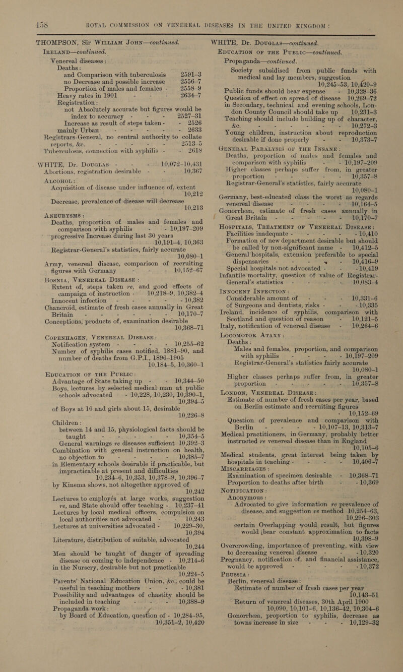 rei oe  THOMPSON, Sir Witt1Am JoHN—continued. IRELAND—continued. Venereal diseases : Deaths: and Comparison with tuberculosis 2591-3 no Decrease and possible increase 2556-7 Proportion of males and females - 2558-9 Heavy rates in 1901 - - - 2634-7 Registration : not Absolutely accurate but figures would be index to accuracy - - - 2527-31 Increase as result of steps taken - - 2526 mainly Urban - - - - - 2633 Registrars-General, no central authority to collate reports, Xe. : - - - - 2513-5 Tuberculosis, connection with syphilis - 2618 WHITE, Dr. Doueias- - - 10,072-10,431 Abortions, registration desirable - - 10,367 ALCOHOL : Acquisition of disease under influence of, extent 10,212 Decrease, prevalence of disease ‘will decrease 10,213 ANEURYSMS : Deaths, proportion of males and females and comparison with syphilis - - 10,197-209 progressive Increase during last 30 years 10,1914, 10,363 Registr ar-General’s statistics, fairly accurate 10,080-1 Army, venereal disease, comparison of recruiting figures with Germany - - - 10,152-67 Bosnia, VENEREAL DISEASE : Extent of, steps taken re, and good effects of campaign of instruction - 10,218-9, 10,3824 Innocent infection - - - - - 10,382 Chancroid, estimate of fresh cases annually in Great Britains - - - - - - 10,170-7 Conceptions, products of, examination desirable 10,368-71 COPENHAGEN, VENEREAL DISEASE: Notification system - - - 10,255-62 Number of syphilis cases ocd, 1881- 90, and number of deaths from G.P.I., 1896-1905 10,184-5, 10,360-1 EDUCATION OF THE PUBLIC: Advantage of State taking up - - 10,344—50 Boys, lectures by selected medical man at public schools advocated - 10,228, 10,230, 10,390-1, 10, 394-5 of Boys at 16 and girls about 15, desirable 10,226-8 Children : between 14 and 15, Pi ypoleeie facts should be taught - - - 10,354-5 General warnings re nee sufficient 10,392-3 Combination with general instruction on health, no objection to : - - - 10,3885-7 in Elementary schools desirable if practicable, but impracticable at present and difficulties 10,2346, 10,353, 10,378-9, 10,396—7 by Kinema shows, not altogether approved of 10,242 Lectures to employés at large works, suggestion ve, and State should offer teaching - 10,237-41 Lectures by local medical officers, compulsion on local authorities not advocated - == 10.243 Lectures at universities advocated - 10,229-30, 10,394 Literature, distribution of suitable, advocated 10,244 Men should be taught of danger of spreading disease on coming to independence - 10,214-6 in the Nursery, desirable but not practicable 10,2245 Parents’ National Education Union, &amp;c,, could be useful in teaching mothers — - . - 10,381 Possibility and advantages of chastity should be included in teaching 5 - - 10,388-9 Propaganda work : dx by Board of Education, igeehan of - 10,284-95, ' -10,351-2, 10,420 —— Propaganda—continued. Society subsidised from public funds with medical and lay members, suggestion 10,245-53, 10,420-9 Public funds should bear expense ET 328-36 Question of effect on spread of disease 10,269-72 in Secondary, technical and evening schools, Lon- don County Council should take up 10,231-3 Teaching should include building up of character, &amp;e. - - - - - - 10,272-3 Young children, instruction about reproduction desirable if done properly - - 10,373-7 GENERAL PARALYSIS OF THE INSANE: Deaths, proportion of males and females and comparison with syphilis - - 10,197-209 Higher classes perhaps suffer from, in greater proportion — - - - - - 10,357-8 Registrar-General’s statistics, fairly accurate ; 10,080-1 Germany, best-educated class the worst as regards venereal disease - - - - §10,164-5 Gonorrhea, estimate of fresh cases annually in Great Britain - : a&gt; Uke - °10,170-7 Hospitas, TREATMENT OF VENEREAL DISEASE: Facilities inadequate - “ein - - 10,410 Formation of new department desirable but should be called by non-significant name - 10,412-5 General hospitals, extension preferable to special dispensaries - ~ - 10,416-9 Special hospitals not ndvooated® - - 10,419 Infantile mortality, question of value of Registrar- General's statistics — - : 2 -.- 10,083-4 InnocENtT INFECTION : Considerable amount of — - E - ~10,831-6 of Surgeons and dentists, risks - - - 10,335 Ireland, incidence of syphilis, comparison with Scotland and question of reason - 10,121-5 Italy, notification of venereal disease - 10,2646 Locomotor ATAXxy: Deaths : Males and females, proportion, and comparison with syphilis — - - . - 10,197-209 Registrar-General’s statistics fairly accurate 10,080-1 Higher classes perhaps suffer from, in greater proportion — - eatiidk - -. 10,357-8 LONDON, VENEREAL DISEASE: Hstimate of number of fresh cases per year, based on Berlin estimate and recruiting figures - 10,152-69 Question of prevalence and comparison with Berlin” - - - - 10,107-18, 10,313-7 Medical practitioners, in Germany, probably better instructed re vener eal disease than in England 10,105-6 Medical students, great interest being taleon by hospitals in teaching - : - - 10,406-7 MISCARRIAGES : Examination of specimen desirable - 10,368-71 Proportion to deaths after birth - - 10,369 NOTIFICATION : Anonymous : Advocated to give information re provilence of disease, and suggestion re method 10,254-63, 10,296-303 certain Overlapping would result, but figures would jbear constant approximation to facts 10,398-9 Overcrowding, importance of preventing, with view to decreasing venereal disease - - - 10,320 Pregnancy, notification of, and financial assistance, would be approved” - - - - - 10,372 PRUSSIA : Berlin, venereal disease : Estimate of number of fresh cases per year 10,143-51 Return of venereal diseases, 30th April 1900 10,090, 10,101-6, 10,136-42, 10,304-6 Gonorrhea, proportion to syphilis, decrease as towns increase in size - - - 10,129-32