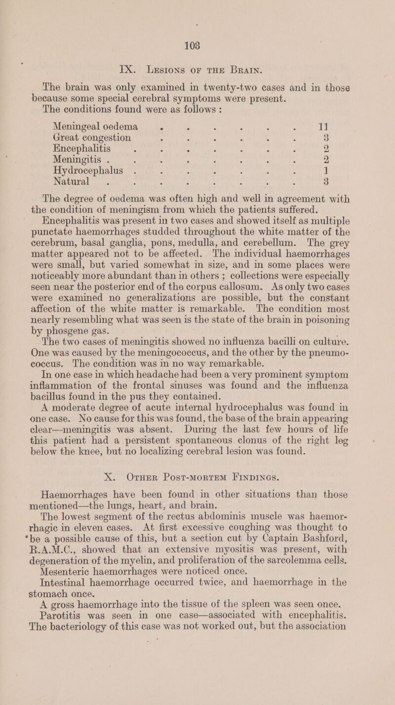 TX. Lesions ofr THE BRAIN. The brain was only examined in twenty-two cases and in those because some special cerebral symptoms were present. The conditions found were as follows : —_— G2 et bo bo 0) Meningeal oedema , , Great congestion os Encephalitis - 5 : Meningitis . , Hydrocephalus Natural The degree of oedema was often high and well in agreement with the condition of meningism from which the patients suffered. Encephalitis was present in two cases and showed itself as multiple punctate haemorrhages studded throughout the white matter of the cerebrum, basal ganglia, pons, medulla, and cerebellum. The grey matter appeared not to be affected. The dividual haemorrhages were small, but varied somewhat in size, and in some places were noticeably more abundant than in others ; collections were especially seen near the posterior end of the corpus callosum. As only two cases were examined no generalizations are possible, but the constant affection of the white matter is remarkable. The condition most nearly resembling what was seen is the state of the brain in poisoning by phosgene gas. The two cases of meningitis neuen no influenza bacilli on culture. One was caused by the meningococcus, and the other by the pneumo- coccus. The condition was in no way remarkable. In one case in which headache had been a very prominent symptom inflammation of the frontal smuses was found and the influenza bacillus found in the pus they contained. A moderate degree of acute internal hydrocephalus was found in one case. No cause for this was found, the base of the brain appearing clear—meningitis was absent. During the last few hours of life this patient had a persistent spontaneous clonus of the right leg below the knee, but no localizing cerebral lesion was found. X. Ovrser Post-MorRtTEM FINDINGS. Haemorrhages have been found in other situations than those mentioned—the lungs, heart, and brain. The lowest segment of the rectus abdominis muscle was haemor- rhagic in eleven cases. At first excessive coughing was thought to *be a possible cause of this, but a section cut by Captain Bashford, R.A.M.C., showed that an extensive myositis was present, with degeneration of the myelin, and proliferation of the sarcolemma cells. Mesenteric haemorrhages were noticed once. Intestinal haemorrhage occurred twice, and haemorrhage in the stomach once. A gross haemorrhage into the tissue of the spleen was seen once. Parotitis was seen in one case—associated with encephalitis. The bacteriology of this case was not worked out, but the association