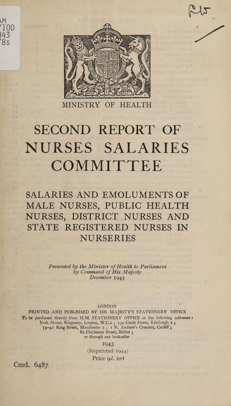  eres cp RY): - (A MINISTRY WB HEALT SECOND REPORT OF NURSES SALARIES COMMITTEE SALARIES AND EMOLUMENTS OF MALE NURSES, PUBLIC HEALTH NURSES, DISTRICT NURSES AND STATE REGISTERED NURSES IN NURSERIES Presented by the Minister of Health to Parliament by Command of His Majesty December 1943 LONDON PRINTED AND PUBLISHED BY HIS MAJESTY’S STATIONERY OFFICE To be purchased directly from H.M. STATIONERY OFFICE at the following addresses : York House, Kingsway, London, W.C.2 ; 13a Castle Street, Edinburgh 2 ; 39-41 King Street, Manchester 2 ; 1 St. Andrew’s Crescent, Cardiff ; 80 Chichester Street, Belfast 5 or through any bookseller 1943 (Reprinted 1944) Price gd. net Cmd. 6487