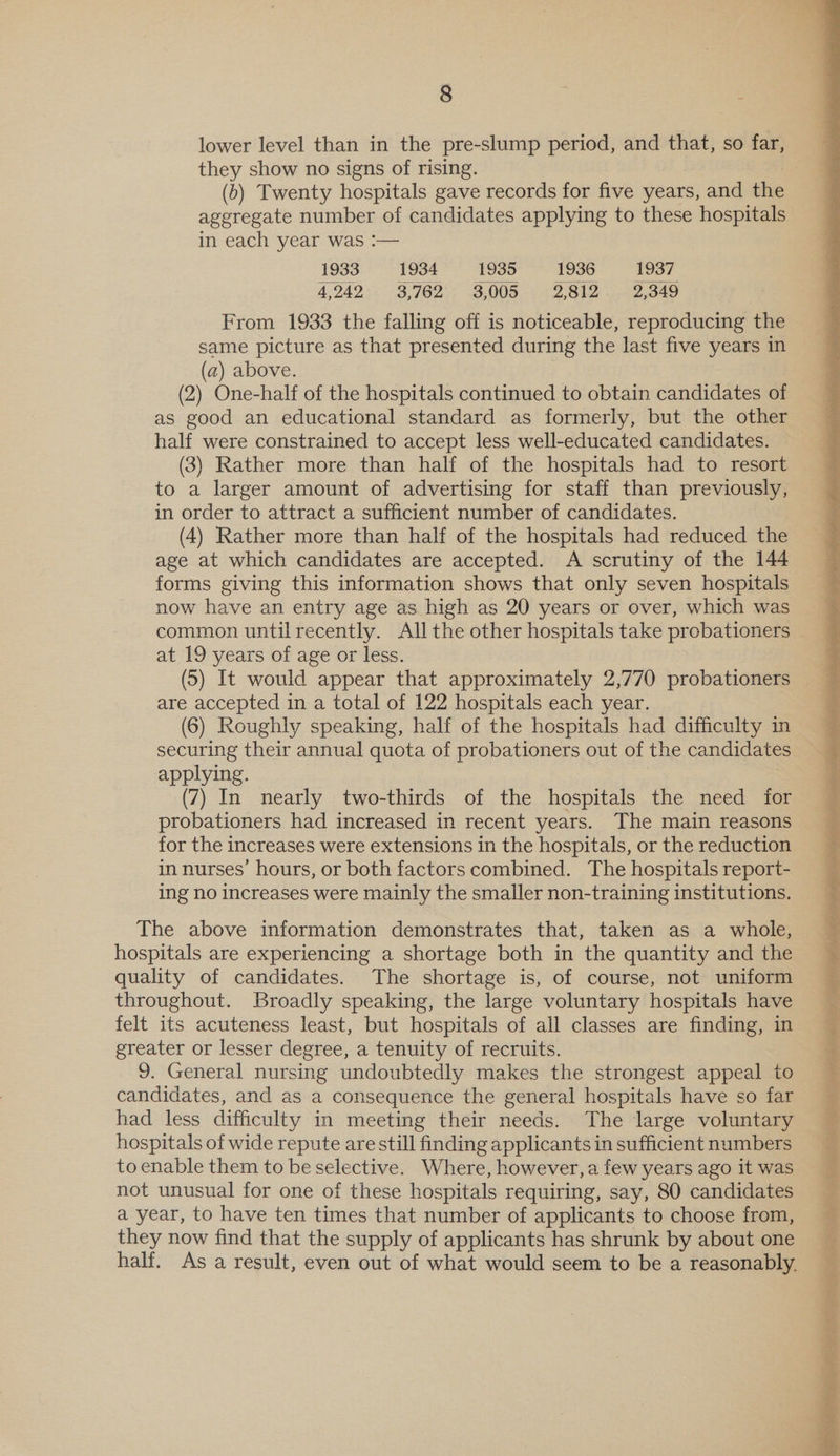 lower level than in the pre-slump period, and that, so far, they show no signs of rising. (b) Twenty hospitals gave records for five years, and the aggregate number of candidates applying to these hospitals in each year was :— 1933 1934 1935 1936 1937 4,942: (3,760. B08: 127810 22.340 From 1933 the falling off is noticeable, reproducing the same picture as that presented during the last five years in (a) above. (2) One-half of the hospitals continued to obtain candidates of as good an educational standard as formerly, but the other half were constrained to accept less well-educated candidates. — (3) Rather more than half of the hospitals had to resort to a larger amount of advertising for staff than previously, in order to attract a sufficient number of candidates. (4) Rather more than half of the hospitals had reduced the age at which candidates are accepted. A scrutiny of the 144 forms giving this information shows that only seven hospitals now have an entry age as high as 20 years or over, which was common until recently. All the other hospitals take probationers at 19 years of age or less. (5) It would appear that approximately 2,770 probationers are accepted in a total of 122 hospitals each year. (6) Roughly speaking, half of the hospitals had difficulty in securing their annual quota of probationers out of the candidates applying. | | (7) In nearly two-thirds of the hospitals the need for probationers had increased in recent years. The main reasons for the increases were extensions in the hospitals, or the reduction in nurses’ hours, or both factors combined. The hospitals report- ing no increases were mainly the smaller non-training institutions. The above information demonstrates that, taken as a whole, hospitals are experiencing a shortage both in the quantity and the quality of candidates. The shortage is, of course, not uniform throughout. Broadly speaking, the large voluntary hospitals have felt its acuteness least, but hospitals of all classes are finding, in greater or lesser degree, a tenuity of recruits. 9. General nursing undoubtedly makes the strongest appeal to candidates, and as a consequence the general hospitals have so far had less difficulty in meeting their needs. The large voluntary hospitals of wide repute are still finding applicants in sufficient numbers to enable them to be selective. Where, however, a few years ago it was not unusual for one of these hospitals requiring, say, 80 candidates a year, to have ten times that number of applicants to choose from, they now find that the supply of applicants has shrunk by about one half. As a result, even out of what would seem to be a reasonably.  neg nes ed ge Sree ae ue ‘ Bi a K4 isi tt! a> i i oot A apo Mit a reas Re a Doe Ne ie lg eS ery