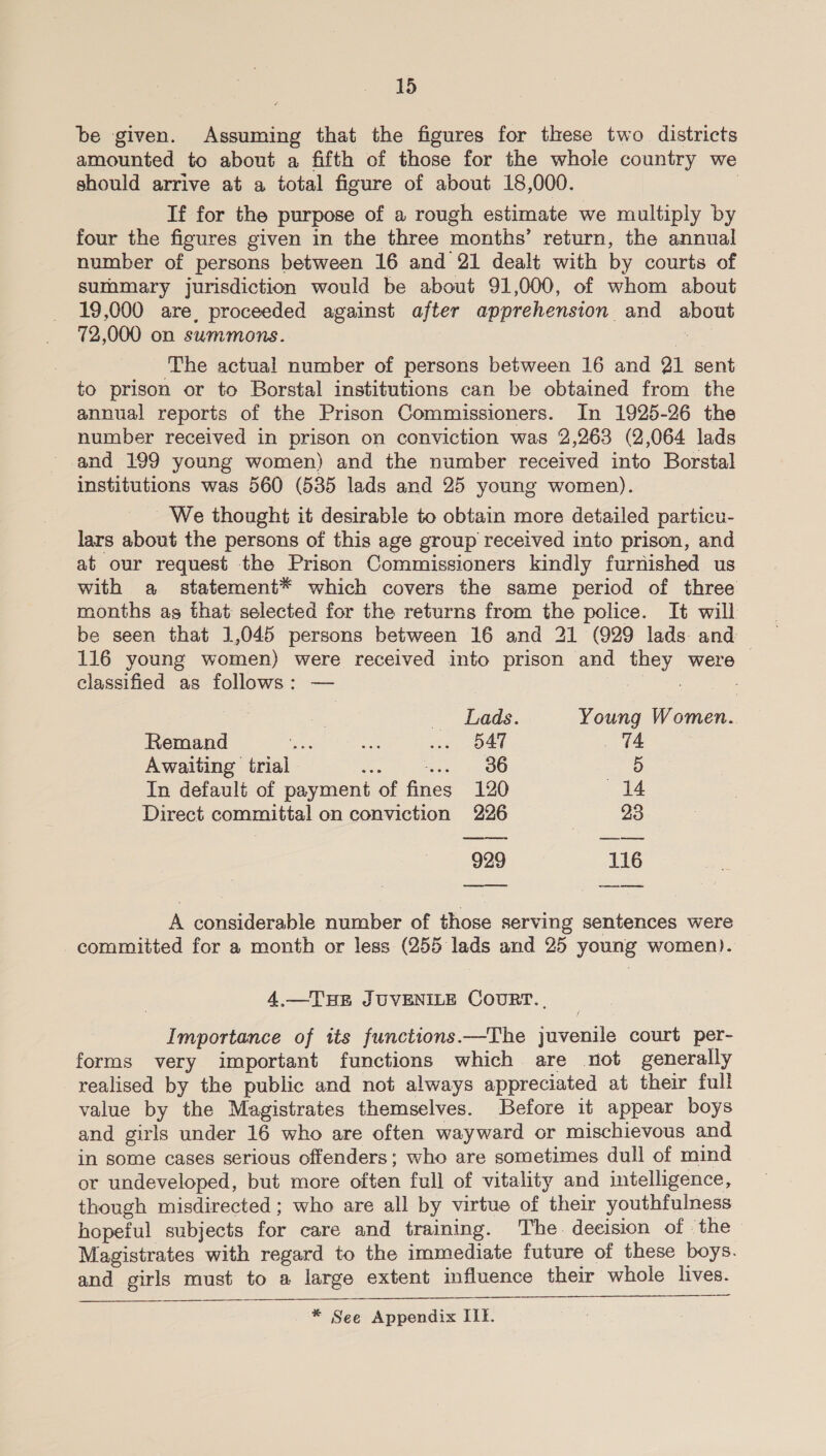 be given. Assuming that the figures for these two districts amounted to about a fifth of those for the whole country we should arrive at a total figure of about 18,000. | If for the purpose of a rough estimate we multiply by four the figures given in the three months’ return, the annual number of persons between 16 and 21 dealt with by courts of summary jurisdiction would be about 91,000, of whom about 19,000 are, proceeded against after apprehension and about 72,000 on summons. ie The actual number of persons between 16 and 21 sent to prison or to Borstal institutions can be obtained from the annual reports of the Prison Commissioners. In 1925-26 the number received in prison on conviction was 2,263 (2,064 lads and 199 young women) and the number received into Borstal institutions was 560 (535 lads and 25 young women). We thought it desirable to obtain more detailed particu- lars about the persons of this age group received into prison, and at our request the Prison Commissioners kindly furnished us with a statement* which covers the same period of three months as that selected for the returns from the police. It will be seen that 1,045 persons between 16 and 21 (929 lads and 116 young women) were received into prison and they were classified as follows: — ee hechaa: | . _ Lads. Young Women. Remand ae os oe. O41 TA Awaiting trial ee eee 5 In default of payment of fines 120 414 Direct committal on conviction 226 23 929 116 sd o_o A considerable number of those serving sentences were committed for a month or less (255 lads and 25 young women). 4.—THE JUVENILE COURT... Importance of its functions.—The juvenile court per- forms very important functions which are not generally realised by the public and not always appreciated at their full value by the Magistrates themselves. Before it appear boys and girls under 16 who are often wayward or mischievous and in some cases serious offenders; who are sometimes dull of mind or undeveloped, but more often full of vitality and intelligence, though misdirected ; who are all by virtue of their youthfulness hopeful subjects for care and training. The. deeision of the Magistrates with regard to the immediate future of these boys. and girls must to a large extent influence their whole lives.