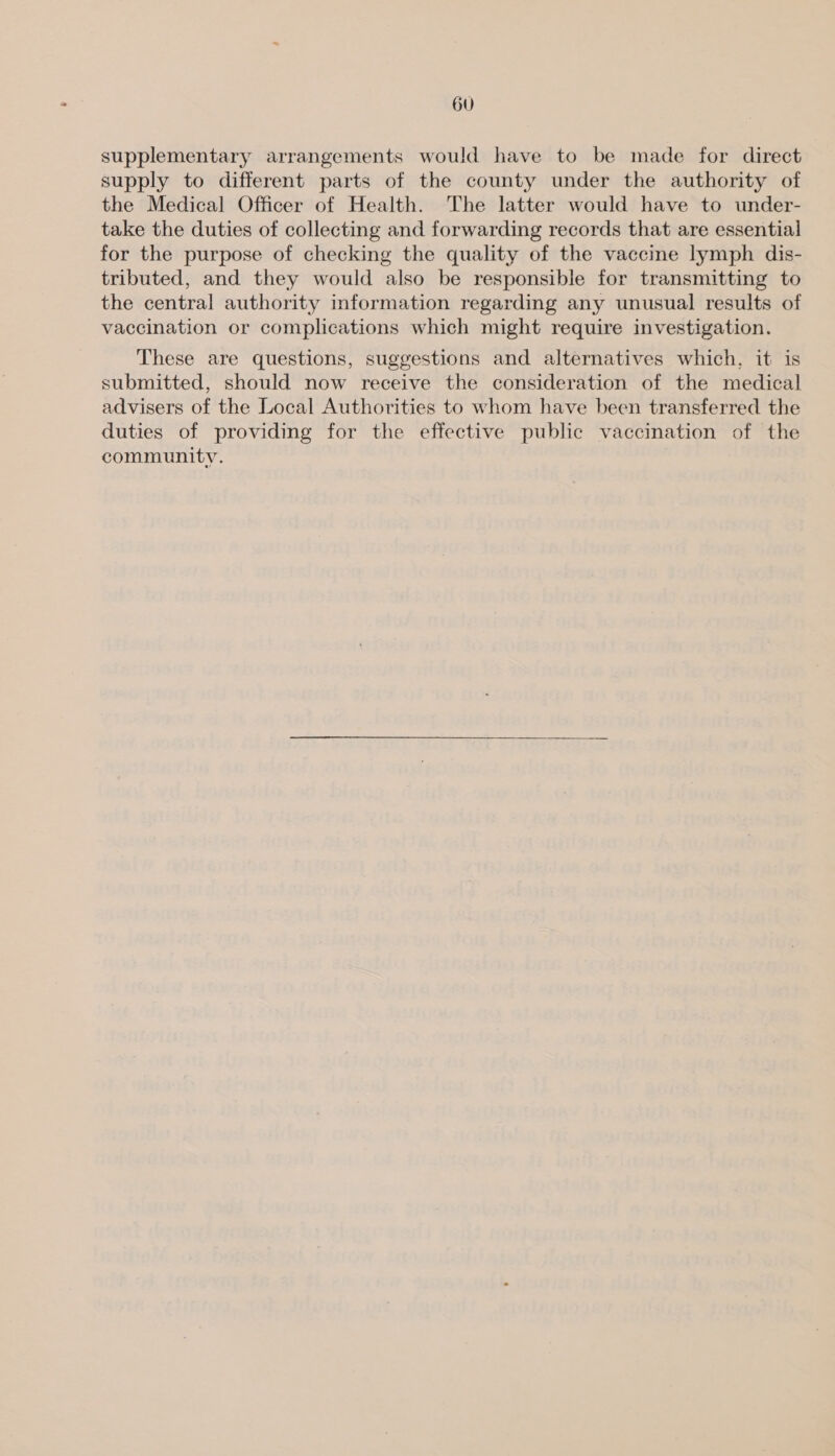 supplementary arrangements would have to be made for direct supply to different parts of the county under the authority of the Medical Officer of Health. The latter would have to under- take the duties of collecting and forwarding records that are essential for the purpose of checking the quality of the vaccine lymph dis- tributed, and they would also be responsible for transmitting to the central authority information regarding any unusual results of vaccination or complications which might require investigation. These are questions, suggestions and alternatives which, it is submitted, should now receive the consideration of the medical advisers of the Local Authorities to whom have been transferred the duties of providing for the effective public vaccination of the community.