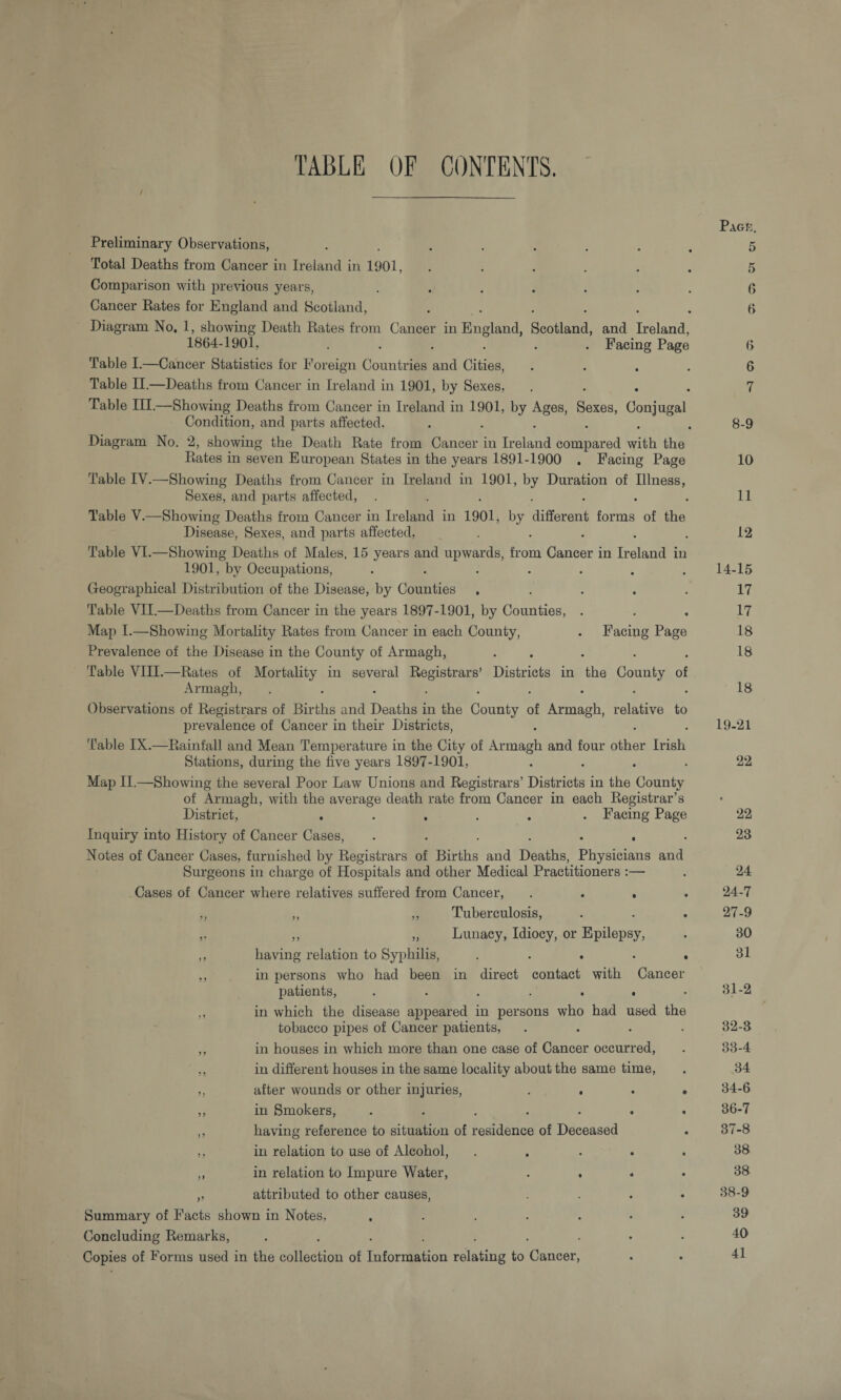 TABLE OF CONTENTS. I Preliminary Observations, ........ Total Deaths from Cancer in Ireland in 1901, ...... Comparison with previous years, ....... Cancer Rates for England and Scotland, ...... Diagram No. 1, showing Death Rates from Cancer in England, Scotland, and Ireland, 1864-1901, ...... Facing Page Table I.—Cancer Statistics for Foreign Countries and Cities, . Table II.—Deaths from Cancer in Ireland in 1901, by Sexes, . Table III.—Showing Deaths from Cancer in Ireland in 1901, by Ages, Sexes, Conjugal Condition, and parts affected, ...... Diagram No. 2, showing the Death Rate from Cancer in Ireland compared with the Rates in seven European States in the years 1891-1900 . Facing Page Table IV.—Showing Deaths from Cancer in Ireland in 1901, by Duration of Illness, Sexes, and parts affected, ....... Table Y.—Showing Deaths from Cancer in Ireland in 1901, by different forms of the Disease, Sexes, and parts affected, . . . . . Table VI.—Showing Deaths of Males, 15 years and upwards, from Cancer in Ireland in 1901, by Occupations, ....... Geographical Distribution of the Disease, by Counties . Table VII.—Deaths from Cancer in the years 1897-1901, by Counties, . Map I.—Showing Mortality Rates from Cancer in each County, . Facing Page Prevalence of the Disease in the County of Armagh, ... Table VIII.—Rates of Mortality in several Registrars’ Districts in the County of Armagh, ......... Observations of Registrars of Births and Deaths in the County of Armagh, relative to prevalence of Cancer in their Districts, Table IX.—Rainfall and Mean Temperature in the City of Armagh and four other Irish Stations, during the five years 1897-1901, . Map II.—Showing the several Poor Law Unions and Registrars’ Districts in the County of Armagh, with the average death rate from Cancer in each Registrar’s District, ..... . Facing Page Inquiry into History of Cancer Cases, ....... Notes of Cancer Cases, furnished by Registrars of Births and Deaths, Physicians and Surgeons in charge of Hospitals and other Medical Practitioners :— Cases of Cancer where relatives suffered from Cancer, . . . . ,, ,, ,, Tuberculosis, „ ,, „ Lunacy, Idiocy, or Epilepsy, ,, having relation to Syphilis, . ,, in persons who had been in direct contact with Cancer patients, ....... „ in which the disease appeared in persons who had used the tobacco pipes of Cancer patients, .... ,, in houses in which more than one case of Cancer occurred, ,, in different houses in the same locality about the same time, ,, after wounds or other injuries, . ,, in Smokers, ....... ,, having reference to situation of residence of Deceased ,, in relation to use of Alcohol, ..... ,, in relation to Impure Water, .... „ attributed to other causes, .... Summary of Facts shown in Notes, ....... Concluding Remarks, ......... Copies of Forms used in the collection of Information relating to Cancer, Pag K. 5 6 6 6 6 7 8-9 10 11 12 14-15 17 17 18 18 18 19-21 22 22 28 24 24-7 27-9 80 31 31-2 32- 3 33- 4 34 34- 6 36- 7 37- 8 38 38 38- 9 39 40 41