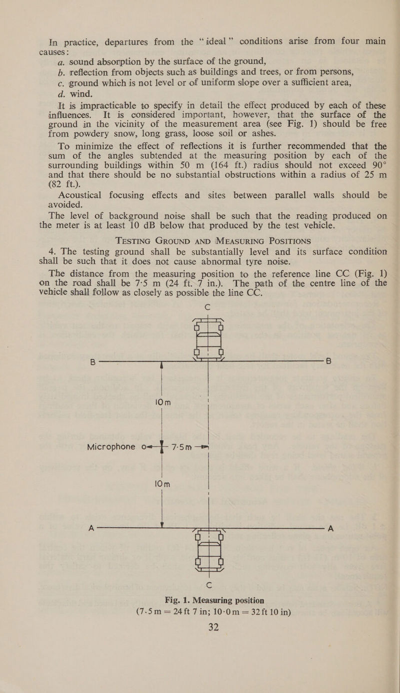 In practice, departures from the “ideal” conditions arise from four main causes : a. sound absorption by the surface of the ground, b. reflection from objects such as buildings and trees, or from persons, c. ground which is not level or of uniform slope over a sufficient area, d. wind. It is impracticable to specify in detail the effect produced by each of these influences. It is considered important, however, that the surface of the ground in the vicinity of the measurement area (see Fig. 1) should be free from powdery snow, long grass, loose soil or ashes. To minimize the effect of reflections it is further recommended that the sum of the angles subtended at the measuring position by each of the surrounding buildings within 50 m (164 ft.) radius should not exceed 90° and that there should be no substantial obstructions within a radius of 25 m (82 ft.). Acoustical focusing effects and sites between parallel walls should be avoided. The level of background noise shall be such that the reading produced on the meter is at least 10 dB below that produced by the test vehicle. TESTING GROUND AND [MEASURING POSITIONS 4. The testing ground shall be substantially level and its surface condition shall be such that it does not cause abnormal tyre noise. The distance from the measuring position to the reference line CC (Fig. 1) on the road shall be 7-5 m (24 ft. 7 in.). The path of the centre line of the vehicle shall follow as closely as possible the line CC. iOm lOm GC Fig. 1. Measuring position (7.5m = 24 ft 7 in; 10-0m = 32 ft 10 in) a2