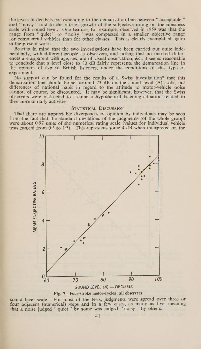 and “noisy” and ito the rate of growth of the subjective rating on the noisiness scale with sound level. One feature, for example, observed in 1959 was that the range from “quiet” to ‘“inmoisy’’ was compassed in a smaller objective range for commercial vehicles than for other classes. This is clearly exemplified again in the present work. Bearing in mind that the two investigations have been carried out quite inde- pendently, with different people as observers, and noting that no marked differ- ences are apparent with age, sex, aid of visual observation, &amp;c., it seems reasonable to conclude that a level close to 80 dB fairly represents the demarcation line in the opinion of typical British listeners, under the conditions of this type of exiperiment. No support can be found for the results of a Swiss investigation? that this demarcation line should be set around 73 dB on the sound level (A) scale, but differences of national habit in regard to the attitude to mottor-vehicle noise cannot, of course, be discounted. It may be significant, however, that the Swiss observers were instructed to assume a hypothetical listening situation related to their normal daily activities. STATISTICAL DISCUSSION That there are appreciable divergences of opinion by individuals may be seen from the fact that the standard deviations of the judgments (of the whole group) were about 0-97 units of the numerical rating scale (values for individual vehicle tests ranged from 0-5 to 1:3). This represents some 4 dB when interpreted on the 10 MEAN SUBJECTIVE RATING 60 70 80 90 100 SOUND LEVEL (A) — DECIBELS Fig. 7—Four-stroke motor-cycles: all observers sound Jevel scale. For most of the tests, judgments were spread over three or four adjacent (numerical) steps and in a few cases, as many as five, meaning that a noise judged “quiet” by some was judged “noisy” by others. 4]