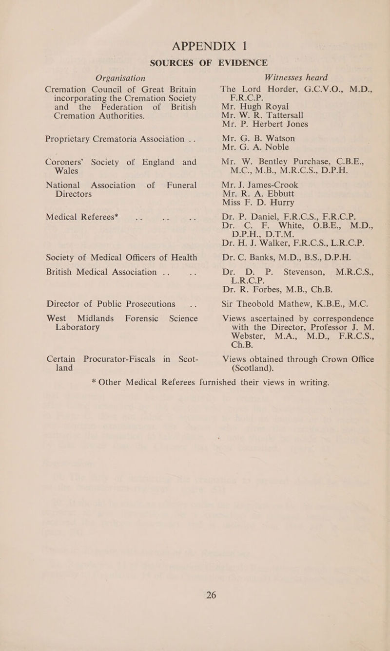 Organisation Cremation Council of Great Britain incorporating the Cremation Society and the Federation of British Cremation Authorities. Proprietary Crematoria Association .. Coroners’ Society of England and Wales National Association of Funeral Directors Medical Referees* Society of Medical Officers of Health British Medical Association .. Director of Public Prosecutions West Midlands Laboratory Forensic Science Certain Procurator-Fiscals in Scot- land Witnesses heard The Lord Horder, .G.@2V.0),, Mie PRP: Mr. Hugh Royal Mr. W. R. Tattersall Mr. P. Herbert Jones Mr. G. B. Watson Mr. G. A. Noble Mr. W. Bentley Purchase, C.B.E., M.C., :M.B., .M.-R-CS., D.Pan. Mr. J. James-Crook Mr. R. A. Ebbutt Miss F. D. Hurry Dra PP. Daniel BR GS38 Ree Dr... C... FE..:White,; O.B-E.> SVCD DP DIEM: Dr. .H. J. Walker, F.R.G:S., L-R:GCP- DrsG; Banks“M: D2 BiSs:-DiP Fa Stevenson, M.R.C.S., L.R.C.P Dr. R. Forbes, M.B., Ch.B. Sir Theobold Mathew, K.B.E., M.C. Views ascertained by correspondence with the Director, Professor J. M. Webster, M.A., M.D., F.R.CS., hss: Views obtained through Crown Office (Scotland).