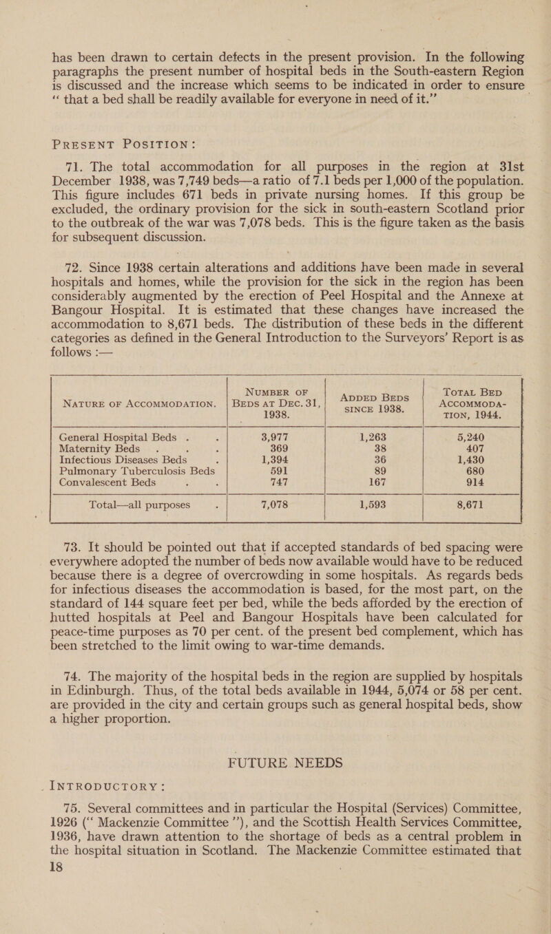 has been drawn to certain defects in the present provision. In the following paragraphs the present number of hospital beds in the South-eastern Region is discussed and the increase which seems to be indicated in order to ensure ‘‘ that a bed shall be readily available for everyone in need of it.’ : PRESENT POSITION: 71. The total accommodation for all purposes in the region at 3lst December 1938, was 7,749 beds—a ratio of 7.1 beds per 1,000 of the population. This figure includes 671 beds in private nursing homes. If this group be excluded, the ordinary provision for the sick in south-eastern Scotland prior to the outbreak of the war was 7,078 beds. This is the figure taken as the basis for subsequent discussion. 72. Since 1938 certain alterations and additions have been made in several hospitals and homes, while the provision for the sick in the region has been considerably augmented by the erection of Peel Hospital and the Annexe at Bangour Hospital. It is estimated that these changes have increased the accommodation to 8,671 beds. The distribution of these beds in the different categories as defined in the General Introduction to the Surveyors’ Report is as. follows :—  NUMBER OF TotTaL BED NATURE OF ACCOMMODATION. | BEDs AT DEc. 31, pecha ness q ACCOMMODA- 1938. ‘ TION, 1944. General Hospital Beds . - 3,977 1,263 5,240 Maternity Beds . ‘ ‘ 369 38 407 Infectious Diseases Beds z 1,394 36 1,430 Pulmonary Tuberculosis Beds 591 89 680 Convalescent Beds , . 747 167 914 Total—all purposes 2 7,078 1,593 8,671  73. It should be pointed out that if accepted standards of bed spacing were everywhere adopted the number of beds now available would have to be reduced because there is a degree of overcrowding in some hospitals. As regards beds for infectious diseases the accommodation is based, for the most part, on the standard of 144 square feet per bed, while the beds afforded by the erection of hutted hospitals at Peel and Bangour Hospitals have been calculated for peace-time purposes as 70 per cent. of the present bed complement, which has. been stretched to the limit owing to war-time demands. 74. The majority of the hospital beds in the region are supplied by hospitals in Edinburgh. Thus, of the total beds available in 1944, 5,074 or 58 per cent. are provided in the city and certain groups such as general hospital beds, show a higher proportion. FUTURE NEEDS INTRODUCTORY: 75. Several committees and in particular the Hospital (Services) Committee, 1926 (‘‘ Mackenzie Committee ’’), and the Scottish Health Services Committee, 1936, have drawn attention to the shortage of beds as a central problem in the hospital situation in Scotland. The Mackenzie Committee estimated that