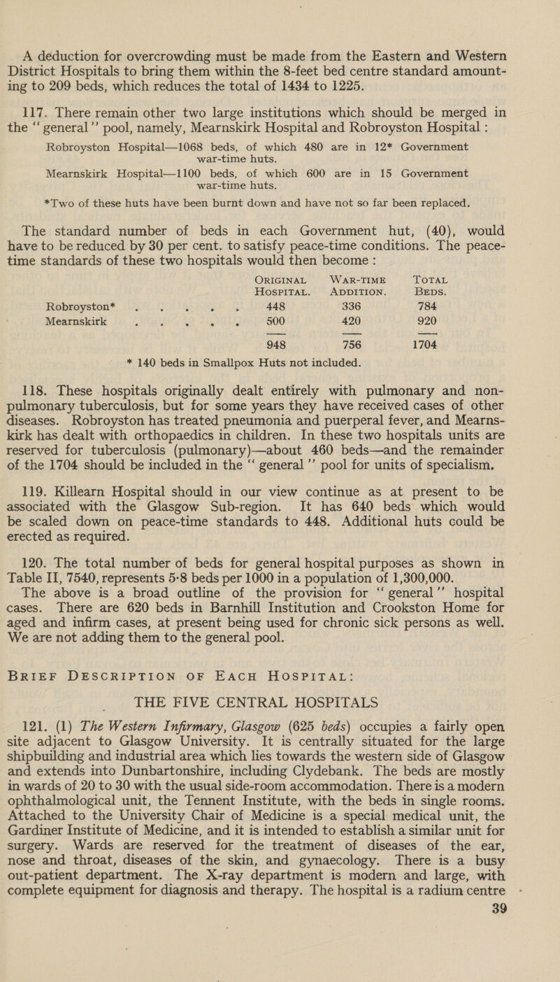 A deduction for overcrowding must be made from the Eastern and Western District Hospitals to bring them within the 8-feet bed centre standard amount- ing to 209 beds, which reduces the total of 1434 to 1225. 117. There remain other two large institutions which should be merged in the “ general’’ pool, namely, Mearnskirk Hospital and Robroyston Hospital : Robroyston Hospital—1068 beds, of which 480 are in 12* Government war-time huts. Mearnskirk Hospital—1100 beds, of whieh 600 are in 15 Government war-time huts. *Two of these huts have been burnt down and have not so far been replaced. The standard number of beds in each Government hut, (40), would have to be reduced by 30 per cent. to satisfy peace-time conditions. The peace- time standards of these two hospitals would then become : ORIGINAL W AR-TIME TOTAL HospiTaL. ADDITION. BEpDs. Robroyston* . : ; ° ; 448 336 784 Mearnskirk ; . . , 500 420 920 948 756 1704 * 140 beds in Smallpox Huts not included. 118. These hospitals originally dealt entirely with pulmonary and non- pulmonary tuberculosis, but for some years they have received cases of other diseases. Robroyston has treated pneumonia and puerperal fever, and Mearns- kirk has dealt with orthopaedics in children. In these two hospitals units are reserved for tuberculosis (pulmonary)—about 460 beds—and the remainder of the 1704 should be included in the “‘ general ’’ pool for units of specialism, 119. Killearn Hospital should in our view continue as at present to be associated with the Glasgow Sub-region. It has 640 beds which would be scaled down on peace-time standards to 448. Additional huts could be erected as required. 120. The total number of beds for general hospital purposes as shown in Table II, 7540, represents 5-8 beds per 1000 in a population of 1,300,000. The above is a broad outline of the provision for “ general’’ hospital cases. There are 620 beds in Barnhill Institution and Crookston Home for aged and infirm cases, at present being used for chronic sick persons as well. We are not adding them to the general pool. BRIEF DESCRIPTION OF EACH HOSPITAL: THE FIVE CENTRAL HOSPITALS 121. (1) The Western Infirmary, Glasgow (625 beds) occupies a fairly open site adjacent to Glasgow University. It is centrally situated for the large shipbuilding and industrial area which lies towards the western side of Glasgow | and extends into Dunbartonshire, including Clydebank. The beds are mostly in wards of 20 to 30 with the usual side-room accommodation. There is a modern ophthalmological unit, the Tennent Institute, with the beds in single rooms. Attached to the University Chair of Medicine is a special medical unit, the Gardiner Institute of Medicine, and it is intended to establish a similar unit for surgery. Wards are reserved for the treatment of diseases of the ear, nose and throat, diseases of the skin, and gynaecology. There is a busy out-patient department. The X-ray department is modern and large, with complete equipment for diagnosis and therapy. The hospital is a radium centre