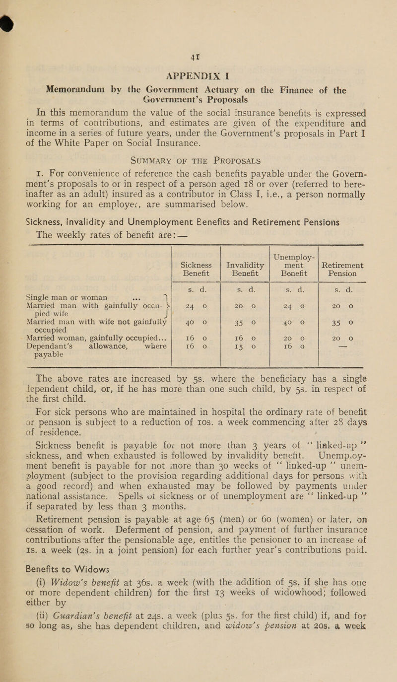 APPENDIX I Memorandum by the Government Actuary on the Finance of the Government’s Proposals In this memorandum the value of the social insurance benefits is expressed in terms of contributions, and estimates are given of the expenditure and income in a series of future years, under the Government’ S proposals in Part I of the White Paper on Social Insurance. SUMMARY OF THE PROPOSALS 1. For convenience of reference the cash benefits payable under the Govern- ment’s proposals to or in respect of a person aged 18 or over (referred to here- inafter as an adult) insured as a contributor in Class I, i.e., a person normally working for an employer, are summarised below. Sickness, Invalidity and Unemployment Eenefits and Retirement Pensions The weekly rates of benefit are: —  Unemploy- Sickness | Invalidity ment Retirement Benefit Benefit Benefit Pension Spa. sd. Sd. Sead Single man or woman Married man with gainfully occu- 2h 20 Oo 24 0 20. 0 pied wife ’ Married man with wife not gainfully 40 O aoe oO 40 O 35° 0 occupied Married woman, gainfully occupied... 26, Oo L660 20-0 20 O Dependant’s allowance, where LO. @ 55, 0 £6.50 — payable  The above rates are increased by 5s. where the beneficiary has a single jJependent child, or, if he has more than one such child, by 5s. in respect of the first child. For sick persons who are maintained in hospital the ordinary rate of benefit or pension is subject to a reduction of 10s. a week commencing after 28 days of residence. Sickness benefit is payable for not more than 3 years of “‘ linked-up ’’ sickness, and when exhausted is followed by invalidity benefit. Unemp.oy- ment benefit is payable for not more than 30 weeks of ‘‘ linked-up ’’ unem- ployment (subject to the provision regarding additional days for persons with a good record) and when exhausted may be followed by payments under national assistance. Spells vi sickness or of unemployment are ‘‘ linked-up ”’ if separated by less than 3 months. Retirement pension is payable at age 65 (men) or 60 (women) or later, on cessation of work. Deferment of pension, and payment of further insurance contributions after the pensionable age, entitles the pensioner to an increase ef Is. a week (2s. in a joint pension) for each further year’s contributions paid. Benefits to Widows (i) Widow’s benefit at 36s. a week (with the addition of 5s. if she has one or more dependent children) for the first 3 weeks of widowhood; followed either by (11) Guardian’s benefit at 24s. a week (plus 5s. for the first child) if, and for so long as, she has dependent children, and widow’ s pension at 20s. a week