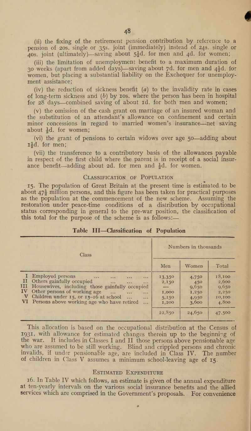 48 (ii) the fixing of the retirement pension contribution by reference to a pension of 20s. single or 35S. joint imme cetely instead of 24s. single or (iii) the limitation of unemployment benefit to a maximum duration of 30 weeks (apart from added days)—-saving about 7d. for men and 44d. for women, but placing a substantial liability on the Exchequer for unemploy- ment assistance; (iv) the reduction of sickness benefit (a) to the invalidity rate in cases of long-term sickness and (6) by 10s. where the person has been in hospital for 28 days—combined saving of about 1d. for both men and women; (v) the omission of the cash grant on marriage of an insured woman and the substitution of an attendant’s allowance on confinement and certain minor concessions in regard to married women’s insurance—net saving about 4d. for women; (vi) the grant of pensions to certain widows over age 50—adding about 14d. for men; (vii) the transference to a contributory basis of the allowances payable in respect of the first child where the parent is in receipt of a social insur- ance benefit—adding about 2d. for men and $d. for women. CLASSIFICATION OF POPULATION 15. Lhe population of Great Britain at the present time is estimated. to be about 47% million persons, and this figure has been taken for practical purposes as the population at the commencement of the new scheme. Assuming the restoration under peace-time conditions of a distribution by occupational status corresponding in general to the pre-war position, the classification of this total for the purpose of the scheme is as follows:— Table UiI—Classification of Population  Numbers in thousands  Class Men Women Total I Employed persons 3s =i yee ea 13,350 4,750 18,100 II Others gainfully occupied | 2,150 450 2,600 JII Housewives, including those gainfully occupied | — 9,650 9,650 IV Other persons of working age “I : ia I,000 1,250 2,250 V Children under 15, or 15-16 at school Eg Bs 5,150 4,950 “| 10,100 VI Persons above working age who have retired ... 1,200 3,600 4,800 22,850 24,650 47,500  ~ This allocation is based on the occupational distribution at the Census of 1931, with allowance for estimated changes therein up to the beginning of who are assumed to be still working. Blind and crippled persons and chronic invalids, if under pensionable age, are included in Class IV. The number of children in Class V assumes a minimum school-leaving age of 15. ESTIMATED EXPENDITURE 16. In Table IV which follows, an estimate is given of the annual expenditure at ten-yearly intervals on the various social insurance benefits and the allied services which are comprised in the Government’s proposals. For convenience ry 