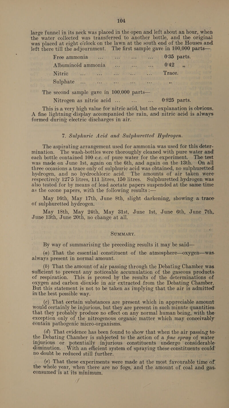 large funnel in its neck was placed in the open and left about an hour, when the water collected was transferred to another bottle, and the original was placed at eight o’clock on the lawn at the south end of the Houses and left there till the adjournment. The first sample gave in 100,000 parts— Free ammonia... (2: 3 Lt 0°35 parts. Albuminoid ammonia eg ve os 472s Nitric ay on iit §.. a. Trace: Sulphate %» The second sample gave in 100,000 parts— Nitrogen as nitrie¢ acid ... gs ... 0825 parts. This is a very high value for nitric acid, but the explanation is obvious. A fine lightning display accompanied the rain, and nitric acid is always: formed during electric discharges in air. . 7. Sulphuric Acid and Sulphuretted Hydrogen. The aspirating arrangement used for ammonia was used for this deter- mination. The wash-bottles were thoroughly cleaned with pure water and: each bottle contained 100 c.c. of pure water for the experiment. The test was made on June Ist, again on the 6th, and again on the 13th. On all three occasions a trace only of sulphuric acid was obtained, no sulphuretted hydrogen, and no hydrochloric acid. The amounts of air taken were respectively 127°5 litres, 111 litres, 150 litres. Sulphuretted hydrogen was also tested for by means of lead acetate papers suspended at the same time as the ozone papers, with the following results :— May 16th, May 17th, June 8th, slight darkening, showing a trace ot sulphuretted hydrogen. ! May 18th, May 24th, May 31st, June Ist, June 6th, June 7th, June 13th, June 20th, no change at all. SUMMARY. By way of summarising the preceding results it may be said— (a) That the essential constituent of the atmosphere—oxygen—was. always present in normal amount. | (6) That the amount of air passing through the Debating Chamber was. sufficient to prevent any noticeable accumulation of the gaseous products- of respiration. This is proved by the results of the determinations of oxygen and carbon dioxide in air extracted from the Debating Chamber. But this statement is not to be taken as implying that the air is admitted’ in the best possible way. (c) That certain substances are present which in appreciable amount would certainly be injurious, but they are present in such minute quantities: that they probably produce no effect on any normal human being, with the: exception only of the nitrogenous organic matter which may conceivably contain pathogenic micro-organisms. (dz) That evidence has been found to show that when the air passing to- the Debating Chamber is subjected to the action of a fine spray of water injurious or potentially injurious constituents ‘undergo ' considerable- diminution. With an efficient system of spraying these constituents could’ no doubt be reduced still further. | | 7 (e} That these experiments were made at the most favourable time of the whole year, when there are no fogs, and the amount of coal and gas- consumed is at its minimum.