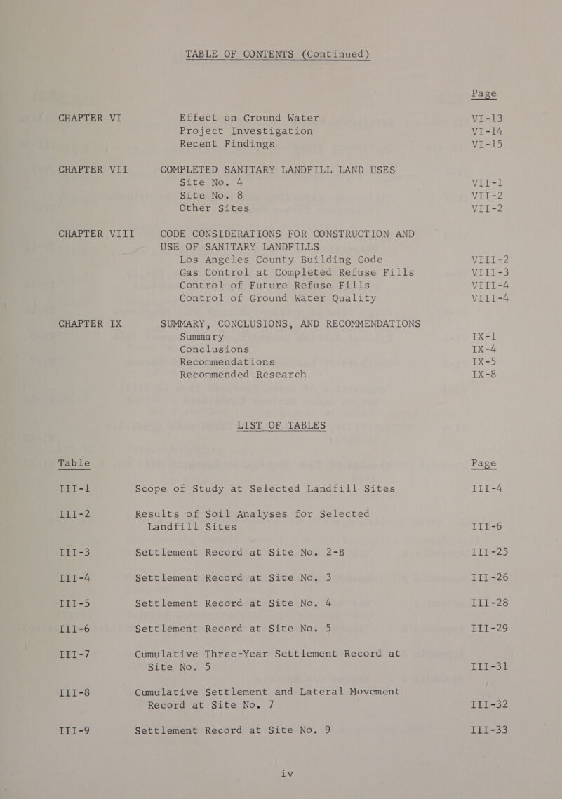 CHAPTER VII CHAPTER VIII CHAPTER IX Table III-l Ph 2 mt tir-4 III-5 Fipe6 LEL-/7 Li I=3 EET =9 TABLE OF CONTENTS (Continued) Project Investigation Recent Findings COMPLETED SANITARY LANDFILL LAND USES Site No. 4 Site No. 8 Other Sites CODE CONSIDERATIONS FOR CONSTRUCTION AND USE OF SANITARY LANDFILLS Los Angeles County Building Code Gas Control at Completed Refuse Fills Control of Future Refuse Fills Control of Ground Water Quality SUMMARY, CONCLUSIONS, AND RECOMMENDATIONS Summary Conclusions Recommendations Recommended Research LIST OF TABLES Scope of Study at Selected Landfill Sites Results of Soil Analyses for Selected Landfill Sites Settlement Record at Site No. 2-B Settlement Record at Site No. 3 Settlement Record at Site No. 4 Settlement Record at Site No. 5 Cumulative Three-Year Settlement Record at Stoée. Now 5 Cumulative Settlement and Lateral Movement Record at Site No. / Settlement Record at Site No. 9 iv VEE) ig Sey VineZ VEE Te ViLGao VILI-4 VIII-4 TIrr-G Litec2 3 Tip &lt;A6 TEL-23 ti e-29 LEi-ot LIL =32 DElas3