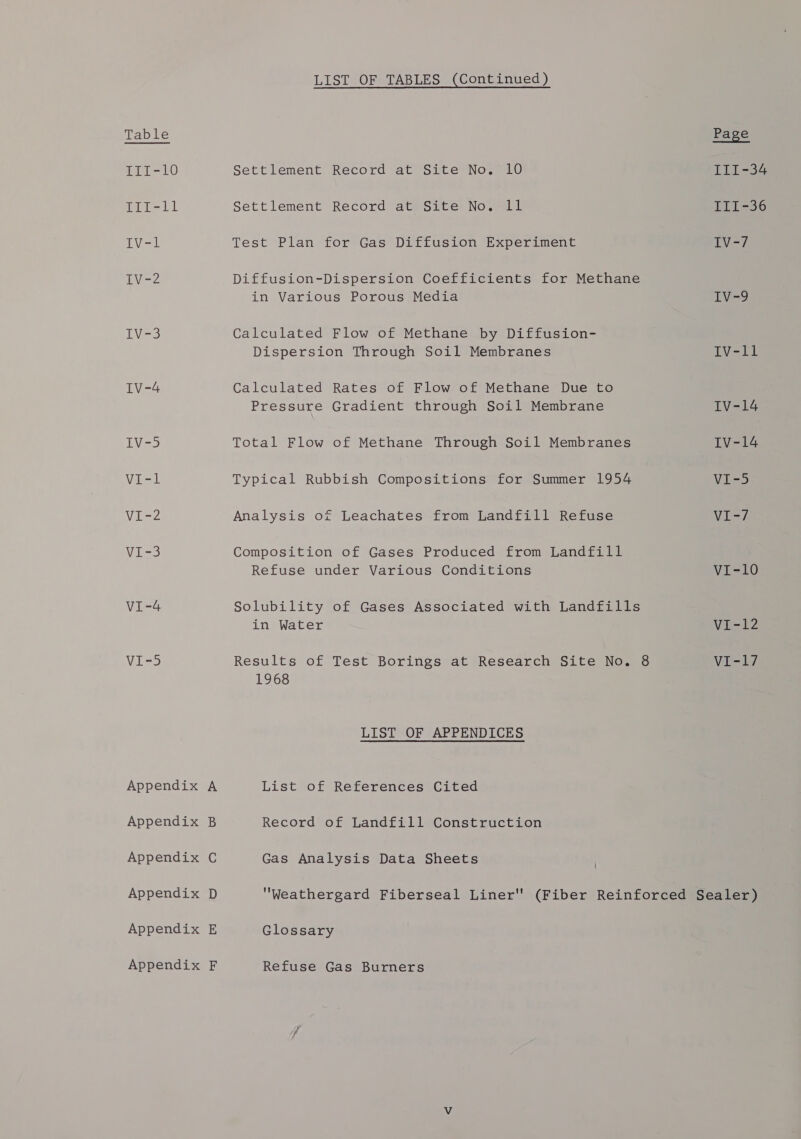 Table Page II1I-10 Settlement Record at Site No. 10 TI1I-34 TIf-11 Settlement Record at Site No. 1l TLI-36 IV=1 Test Plan for Gas Diffusion Experiment 1V¥-7 Iv-2 Diffusion-Dispersion Coefficients for Methane in Various Porous Media IV=-9 Lv-3 Calculated Flow of Methane by Diffusion- Dispersion Through Soil Membranes Iv-11 IV-4 Calculated Rates of Flow of Methane Due to Pressure Gradient through Soil Membrane Iv-14 IV-5 Total Flow of Methane Through Soil Membranes IV-14 VI-l Typical Rubbish Compositions for Summer 1954 VI-5 VI-2 Analysis of Leachates from Landfill Refuse VI-7 VI-3 Composition of Gases Produced from Landfill Refuse under Various Conditions VI-10 VI-4 Solubility of Gases Associated with Landfills in Water VI-12 VI-5 Results of Test Borings at Research Site No. 8 VI-17 1968 LIST OF APPENDICES Appendix A List of References Cited Appendix B Record of Landfill Construction Appendix C Gas Analysis Data Sheets . Appendix D Weathergard Fiberseal Liner (Fiber Reinforced Sealer) Appendix E Glossary Appendix F Refuse Gas Burners