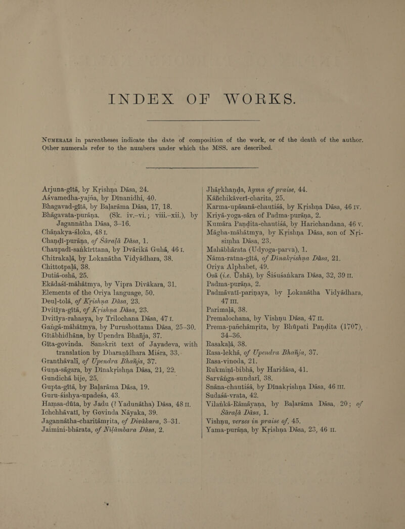 Arjuna-gitaé, by Krishna Dasa, 24. Agvamedha-yajna, by Dinanidhi, 40. Bhagavad-gita, by Balarama Dasa, 17, 18. Bhagavata-purana. (Sk. iv.—vi.; viii.—xii.), by Jagannatha Dasa, 3-16. Chanakya-sloka, 48 1. Chandi-purana, of Sarala Dasa, 1. Chaupadi-sankirttana, by Dvarika Guha, 46 1. Chitrakala, by Lokanatha Vidyadhara, 38. Chittotpala, 38. Dutid-osha, 25. Ekadasi-mahatmya, by Vipra Divakara, 31. Elements of the Oriya language, 50. Deul-tola, of Krishna Dasa, 23. Dvitiya-gita, of Krishna Dasa, 23. Dvitiya-rahasya, by Trilochana Dasa, 4°77 1. Ganga-mahatmya, by Purushottama Dasa, 25-30. Gitabhidhana, by Upendra Bhaiija, 37. Gita-govinda. Sanskrit text of Jayadeva, with translation by Dharanidhara Miséra, 33. Granthavali, of Upendra Bhatija, 3°7. Guna-sagara, by Dinakrishna Dasa, 21, 22. Gundicha bije, 25, Gupta-gita, by Balarama Dasa, 19. Guru-sishya-upadesa, 43. Hamsa-dita, by Jadu (? Yadunatha) Dasa, 48 1. Ichchhavati, by Govinda Nayaka, 39. Jagannatha-charitamrita, of Divakara, 3-31.  Jharkhanda, hymn of praise, 44. Kajichikaveri-charita, 25. Karma-upasana-chautisa, by Krishna Dasa, 46 rv. Kriya-yoga-sara of Padma-purana, 2. Kumara Pandita-chautisa, by Harichandana, 46 y. Magha-mahatmya, by Krishna Dasa, son of Nri- simha Dasa, 23. Mahabharata (Udyoga-parva), 1. Nama-ratna-gita, of Dinakrishna Dasa, 21. Oriya Alphabet, 49. Osa (i.e. Usha), by Sisusankara Dasa, 32, 39 11. Padma-purana, 2. Padmavati-parinaya, by Lokanatha Vidyadhara, AT II. Parimala, 38. Premalochana, by Vishnu Dasa, 47 11. Prema-panchamrita, by Bhipati Pandita (1707), 34-36. Rasakala, 38. Rasa-lekha, of Upendra Bhatija, 37. Rasa-vinoda, 21. Rukmini-bibha, by Haridasa, 41. Sarvanga-sundari, 38. Snana-chautisa, by Dinakrishna Dasa, 46 m. Sudaga-vrata, 42. Vilanka-Ramayana, by Balarama Dasa, 20; of Sarala Dasa, 1. Vishnu, verses in praise of, 45. .