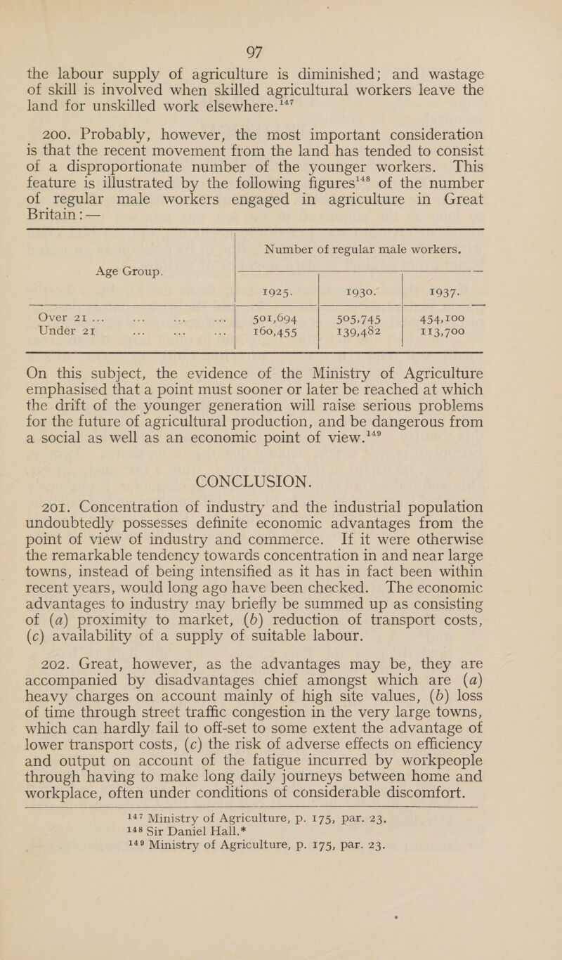 the labour supply of agriculture is diminished; and wastage of skill is involved when skilled agricultural workers leave the land for unskilled work elsewhere.**’ 200. Probably, however, the most important consideration is that the recent movement from the land has tended to consist of a disproportionate number of the younger workers. This feature is illustrated by the following figures’** of the number of regular male workers engaged in agriculture in Great Britain : — Number of regular male workers,    Age Group. eas 1925. 1930. 1937. ONeH 62 ta a SF “obi 501,094 505,745 454,100 Under 21 eh: a ie 160,455 139,482 | 113,700 On this subject, the evidence of the Ministry of Agriculture emphasised that a point must sooner or later be reached at which the drift of the younger generation will raise serious problems for the future of agricultural production, and be dangerous from a social as well as an economic point of view.**° CONCLUSION. 201. Concentration of industry and the industrial population undoubtedly possesses definite economic advantages from the point of view of industry and commerce. If it were otherwise the remarkable tendency towards concentration in and near large towns, instead of being intensified as it has in fact been within recent years, would long ago have been checked. The economic advantages to industry may briefly be summed up as consisting of (a) proximity to market, (6) reduction of transport costs, (c) availability of a supply of suitable labour. 202. Great, however, as the advantages may be, they are accompanied by disadvantages chief amongst which are (a) heavy charges on account mainly of high site values, (b) loss of time through street traffic congestion in the very large towns, which can hardly fail to off-set to some extent the advantage of lower transport costs, (c) the risk of adverse effects on efficiency and output on account of the fatigue incurred by workpeople through having to make long daily journeys between home and workplace, often under conditions of considerable discomfort.   147 Ministry of Agriculture, p. 175, par. 23, 148 Sir Daniel Hall.* 149 Ministry of Agriculture, p. 175, par. 23.