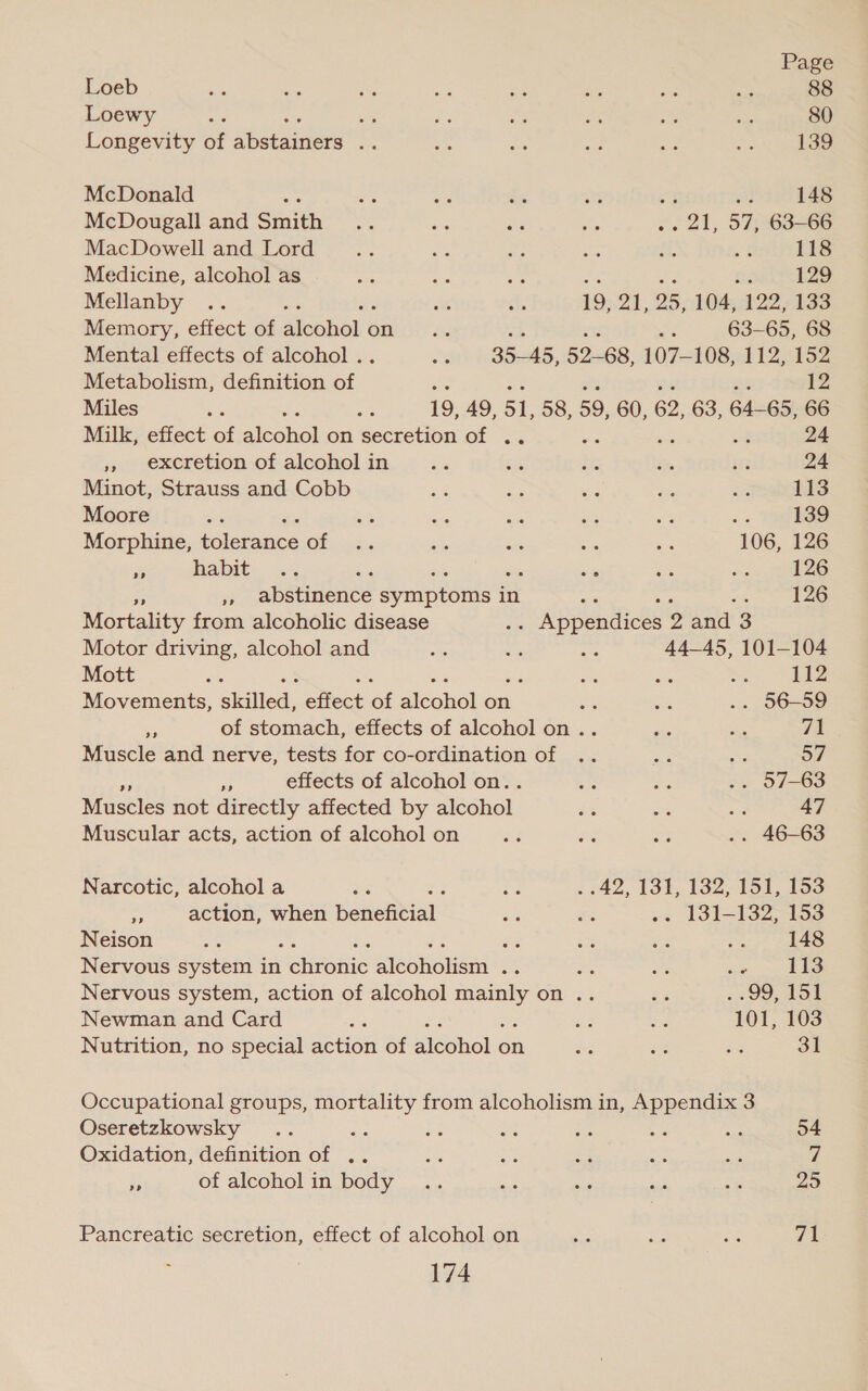 Loeb a ae mi Le ae ai Fo ae 88 Loewy sive oa ie us ae ee te 80 Longevity of ete we se ae ie Ha Ae 139 McDonald ne = ae nee ae an 148 McDougall and Smith .. se te ae 21, 57, 63-66 MacDowell and Lord 3 bee ni Be Arh oe 118 Medicine, alcohol as on ae a et? 129 Mellanby .. ak ar A. 19, a 95, 104, 122, 133 Memory, effect of abcohiob c on Be wed 63-65, 68 Mental effects of alcohol . es 35 AS. 52-68, 107-108, 112, 152 Metabolism, definition ah : 12 Miles a =; 19, 49, 51, 58, 59, 60, 62, 63, 64-65, 66 Milk, effect of alcobel on secretion of .. ot 24 », excretion of alcohol in om ans ae ye ix 24 Minot, Strauss and Cobb -e ae mae Ss an 113 Moore a 5 ee a a = fe 139 Morphine, kSlercance OFn intis say She af = 106, 126 Pe habit. .. oe ie Ste Pe 126 », abstinence symptoms i in ae 126 Mortality from alcoholic disease ap entices 2 and 3 Motor driving, alcohol and i — ve 44-45, 101-104 Mott ae oe oy ee {12 Movements, sidiled. eifect at icohol on ba aes .. 56-59 ws of stomach, effects of alcohol on .. ees es 71 Muscle and nerve, tests for co-ordination of .. oe a Dy iM effects of alcohol on. She Si .. 57-63 Muscles not directly affected by siéohol: an <3 es 47 Muscular acts, action of alcohol on se #3 Sah .. 46-63 Narcotic, alcohol a hs ai . 42, 13%, 132, 151, 1538 Pe action, when beneReiak ae Ke .. 131-132, 153 Neison ae #2 Pee, #2 a, 148 Nervous system in Peinonic Bicohoieri 5 me os eo > aS Nervous system, action of alcohol seg OW =% 23 -- 99 15% Newman and Card a S3 Rg £01, 203 Nutrition, no special action of sicohel on al a is 31 Occupational groups, mortality from alcoholism in, Appendix 3 Oseretzkowsky .. te eS ie ee nae Ge 54 Oxidation, definition of .. Eee ee £3 sre ree: Z i of alcohol in body .. ats zie sgl a 25 Pancreatic secretion, effect of alcohol on se i ae 71