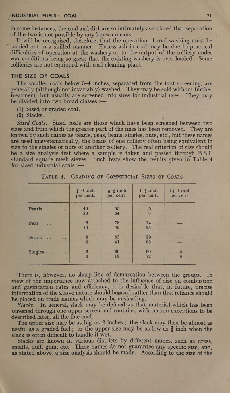 e of the two is not possible by any known means. It will be recognised, therefore, that the operation of coal washing must be carried out in a skilled manner. Excess ash in coal may be due to practical difficulties of operation at the washery or to the output of the colliery under war conditions being so great that the existing washery is over-loaded. Some collieries are not equipped with coal cleaning plant. THE SIZE OF COALS The smaller coals below 3-4 inches, separated from the first screening, are generally (although not invariably) washed. They may be sold without further treatment, but usually are screened into sizes for industrial uses. They may be divided into two broad classes :— (1) Sized or graded coal. (2) Slacks. Sized Coals. Sized coals are those which have been screened between two sizes and from which the greater part of the fines has been removed. They are known by such names as pearls, peas, beans, singles, nuts, etc., but these names are used unsystematically, the beans of one colliery often being equivalent in size to the singles or nuts of another colliery. The real criterion of size should be a size analysis test where a sample is taken and passed through B.S.I. standard square mesh sieves. Such tests show the results given in Table 4 for sized industrial coals :— TABLE 4. GRADING OF COMMERCIAL SIZES OF COALS +-0 inch $-} inch 1-4 inch 14-1 inch per cent. per cent. per cent. per cent. Pearls .. ae 40 55 5 pale 30 64 6 ere Peas L)5: 8 78 14 _ 10 65 25 we Beans 8 53 39 ste 6 41 53 vee Singles .. 6 30 60 4 4 18 72 6 re There is, however, no sharp line of demarcation between the groups. In view of the importance now attached to the influence of size on combustion and gasification rates and efficiency, it is desirable that, in future, precise information of the above nature should begised rather than that reliance should be placed on trade names which may be misleading. Slacks. In general, slack may be defined as that material which has been screened through one upper screen and contains, with certain exceptions to be described later, all the fine coal. The upper size may be as big as 2 inches ; the slack may then be almost as useful as a graded fuel; or the upper size may be as low as # inch when the slack is often difficult to handle if wet. Slacks are known in various districts by different names, such as dross, smalls, duff, gum, etc. These names do not guarantee any specific size, and, as stated above, a size analysis should be made. According to the size of the