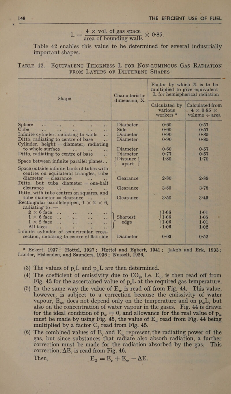 _. 4X vol. of gas space ~~ area of bounding walls Table 42 enables this value to be determined for several industrially important shapes. x 0°85. FROM LAYERS OF DIFFERENT SHAPES Factor by which X is to be multiplied to give equivalent Characteristic | L for hemispherical radiation Shape dimension, X= |_—————_, —___—— Calculated by | Calculated from various 4 X 0:85 X workers * volume ~ area Sphere Diameter 0-60 0-57 Cube . fa Side 0-60 0-57 Infinite cylinder, radiating to walls... Diameter 0-90 0-85 Ditto, radiating to centre of base hr Diameter 0-90 0-85 Cylinder, height = diameter, ae to whole surface te : Diameter 0-60 0-57 Ditto, radiating to centre of base w Diameter 0:77 0-57 Space between infinite parallel planes. . apres uae ae Space outside infinite bank of tubes with centres on equilateral eee tube diameter = clearance ; Clearance 2°80 2°89 Ditto, but tube diameter = one- -half clearance AL . | Clearance 3°80 . 3°78 Ditto, with tube centres on squares, and tube diameter = clearance .. . Clearance 3°50 . 3°49 Rectangular parallelopiped, 1 x 2 x 6, radiating to :— 2X O:face: o2. is Se a (eee 1-01 Tex Glincer to eh ee e% os Shortest 1:06 1:05 e Lex? 2iace sas, a8 Se &lt;a tf veage 1:06 1-01 All faces fal] 1-06 1-02 Infinite cylinder of semicircular cross- section, radiating to centre of flat side | Diameter 0-63 0-52 (3) (4) (5) (6) The values of p,L and p,,L are then determined. The coefficient of emissivity due to COg,, ie. E,, is then read off from Fig. 43 for the ascertained value of p,L at the required gas temperature. In the same way the value of E,, is read off from Fig. 44. This value, however, is subject to a correction because the emissivity of water vapour, E,,, does not depend only on the temperature and on p,,L, but also on the concentration of water vapour in the gases. Fig. 44 is drawn for the ideal condition of p,, = 0, and allowance for the real value of p,, must be made by using Fig. 45, the value of E,, read from Fig. 44 being multiplied by a factor C, read from Fig. 45. The combined values of E, and E,, represent, the radiating power of the gas, but since substances that radiate also absorb radiation, a further correction must be made for the radiation absorbed by the gas. This correction, AE, is read from Fig. 46. Then, E, =E, +E, — AE.