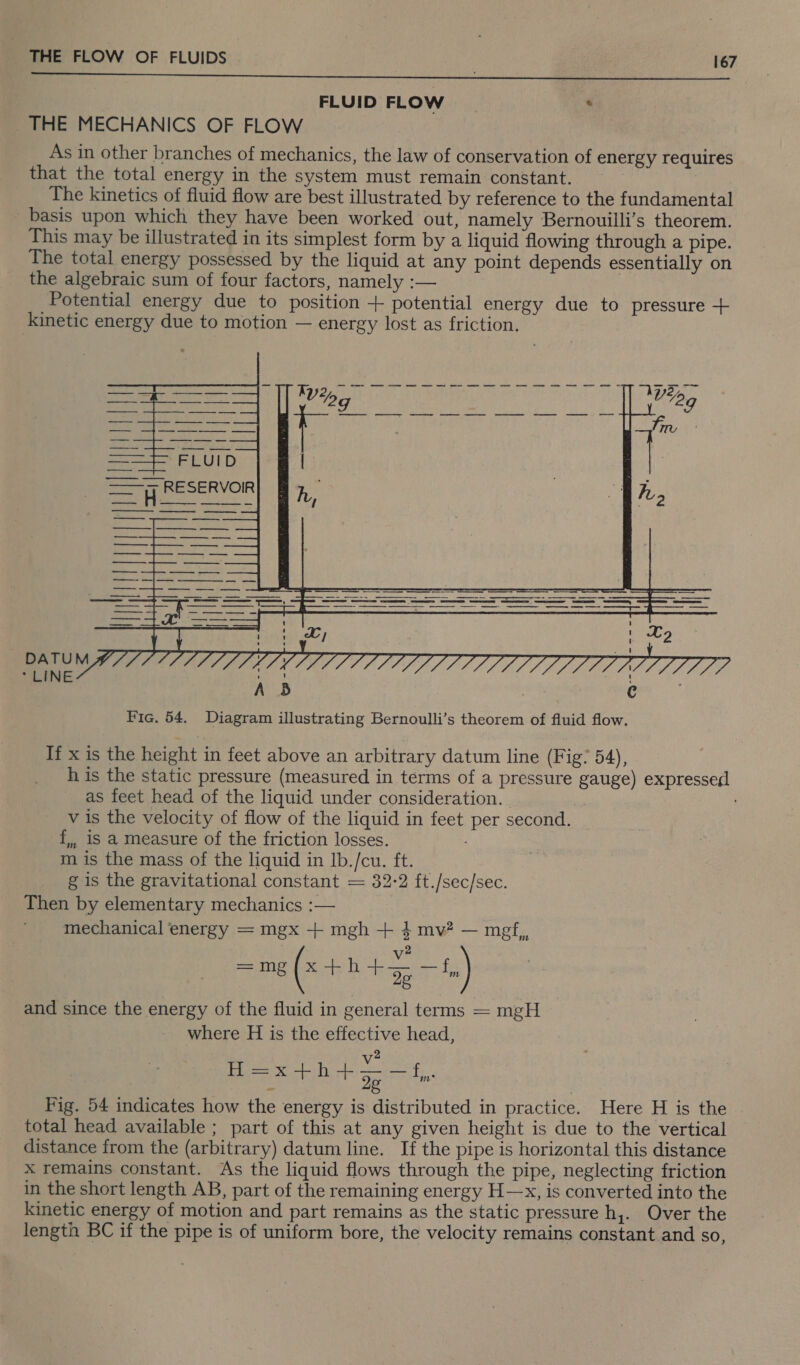 nen ssn ies enlistees URI na Ls ay EN a sh ad cc snes FLUID FLOW | ‘ THE MECHANICS OF FLOW As in other branches of mechanics, the law of conservation of energy requires that the total energy in the system must remain constant. The kinetics of fluid flow are best illustrated by reference to the fundamental basis upon which they have been worked out, namely Bernouilli’s theorem. This may be illustrated in its simplest form by a liquid flowing through a pipe. The total energy possessed by the liquid at any point depends essentially on the algebraic sum of four factors, namely :— Potential energy due to position + potential energy due to pressure + kinetic energy due to motion — energy lost as friction. rome —— AIAG Ue ea Wr fea y iraeaeaaaa I tn cls aaa ie ee er Mt =f Fou] § | —— 7 RESERVOIR] § h, ae h&gt;  * LINE ee Fic. 54. Diagram illustrating Bernoulli’s theorem of fluid flow. If x is the height in feet above an arbitrary datum line (Fig: 54), h is the static pressure (measured in terms of a pressure gauge) expressed as feet head of the liquid under consideration. v is the velocity of flow of the liquid in feet per second. f,, 18 a measure of the friction losses. : m is the mass of the liquid in lb./cu. ft. g is the gravitational constant = 32:2 ft./sec/sec. Then by elementary mechanics :— mechanical energy = mgx + mgh + 4 mv? — mef,, v2 and since the energy of the fluid in general terms = mgH where H is the effective head, v2 Babe gat rte Fig. 54 indicates how the energy is distributed in practice. Here H is the total head available ; part of this at any given height is due to the vertical distance from the (arbitrary) datum line. If the pipe is horizontal this distance X remains constant. As the liquid flows through the pipe, neglecting friction in the short length AB, part of the remaining energy H—x, is converted into the kinetic energy of motion and part remains as the static pressure h,. Over the length BC if the pipe is of uniform bore, the velocity remains constant and so,