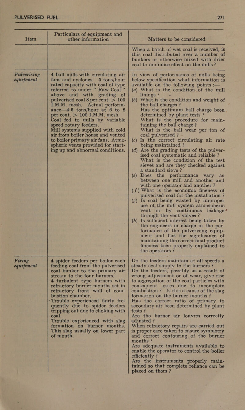 Item Pulverising equipment Firing equipment   Particulars of equipment and other information fans and cyclones. 5 tons/hour rated capacity with coal of type referred to under ‘“‘ Raw Coal ”’ above and with grading of pulverised coal 8 per cent. &gt; 100 I.M.M. mesh. Actual perform- ance—4:6 tons/hour at 6 to 8 per cent. &gt; 100 I.M.M. mesh. Coal fed to mills by variable speed rotary feeders. Mill systems supplied with cold air from boiler house and vented to boiler primary air fans. Atmo- spheric vents provided for start- ing up and abnormal conditions. feeding coal from the pulverised coal bunker to the primary air stream to the four burners. 4 turbulent type burners with refractory burner mouths set in refractory front wall of com- bustion chamber. quently due to spider feeders tripping out due to choking with coal, Trouble experienced with slag formation on burner mouths. This slag usually on lower part of mouth, 271 Matters to be considered this coal distributed over a number of bunkers or otherwise mixed with drier coal to minimise effect on the mills ? below specification what information is available on the following points :— (a) What is the condition of the mill linings ? - (b) What is the condition and weight of the ball charges ? Has the optimum ball charge been . determined by plant tests ? What is the procedure for main- taining the ball charge ? What is the ball wear per ton of coal pulverised ? (c) Is the correct circulating air rate being maintained ? (d) Are the grading tests of the pulver- ised coal systematic and reliable ? What is the condition of the test sieves and are they checked against a standard sieve ? (e) Does the performance vary as between one mill and another and with one operator and another ? (f) What is the economic fineness of pulverised coal for the installation ? (g) Is coal being wasted by improper use of, the mill system atmospheric vent or by continuous leakage® through the vent valves ? (h) Is sufficient interest being taken by the engineers in charge in the per- formance of the pulverising equip- ment and has the significance of maintaining the correct final product fineness been properly explained to . the operators ? steady coal supply to the burners ? Do the feeders, possibly as a result of wrong adjustment or of wear, give rise to aggregation of the coal particles with consequent losses due to incomplete combustion ? Is this a cause of the slag formation on the burner mouths ? Has the correct ratio of primary to secondary air been determined by plant tests ? Are the burner air louvres correctly adjusted ? When refractory repairs are carried out is proper care taken to ensure symmetry and correct contouring of. the burner mouths ? Are adequate instruments available to enable the operator to control the boiler efficiently ? Are the instruments properly main- tained so that complete reliance can be placed on them ?
