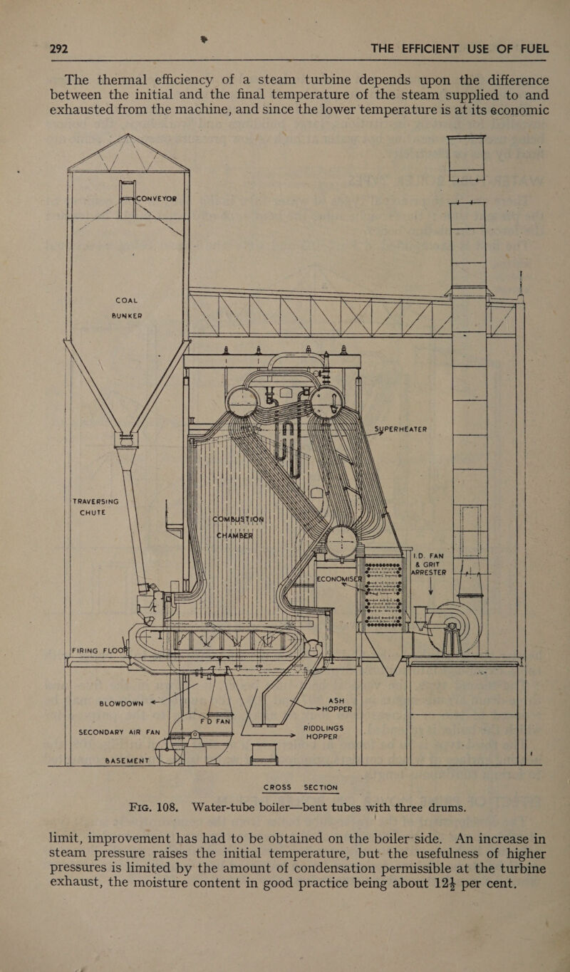 The thermal efficiency of a steam turbine depends upon the difference between the initial and the final temperature of the steam supplied to and exhausted from the machine, and since the lower temperature is at its economic Pg N A SSA \ yas Kn li lesavene hae ES 7 3 5 —— a * Za \ / ie /  Se        Be ie q - b — at  EN | 1 j 1 f he BUNKER  | J fs &amp; | ete is SUPERHEATER TRAVERSING CHUTE  t toed ee eee ees EN aI MO NSE Ra Bee = ae a i AE                    } FIRING FLOOR   BLOWDOWN SECONDARY AIR FAN jf y ASH RIDDLINGS HOPPER { BASEMENT \ Fic. 108. Water-tube boiler—bent tubes with three drums. limit, improvement has had to be obtained on the boiler-side. An increase in steam pressure raises the initial temperature, but- the usefulness of higher pressures is limited by the amount of condensation permissible at the turbine exhaust, the moisture content in good practice being about 124 per cent.