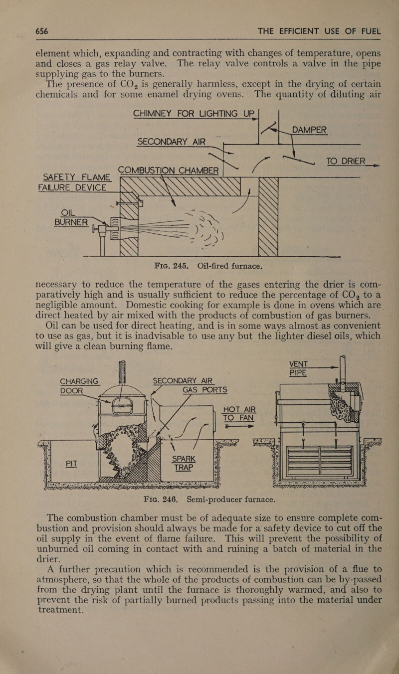 element which, expanding and contracting with changes of temperature, opens and closes a gas relay valve. The relay valve controls a valve in the pipe supplying gas to the burners. The presence of CO, is generally harmless, except in the drying of certain chemicals and for some enamel drying ovens. The quantity of diluting air CHIMNEY FOR LIGHTING UP 7 =| DAMPER SECONDARY AIR _ a Ga N \ \ Fic, 245. Oil-fired furnace. COM egy Boge BUSTION CHAMBER FAILURE DEVICE RSSKS Olt 2 BURNER : :   necessary to reduce the temperature of the gases entering the drier is com- paratively high and is usually sufficient to reduce the percentage of CO, to a negligible amount. Domestic cooking for example is done in ovens which are direct heated by air mixed with the products of combustion of gas burners. Oil can be used for direct heating, and is in some ways almost as convenient to use as gas, but it is inadvisable to use any but the lighter diesel oils, which will give a clean burning flame.  CHARGING &amp; SECONDARY AIR DOOR &lt;5 * GAS_PORTS  y NOSE 0 Si teers ey &amp; ERE SE. Fic. 246. Semi-producer furnace. The combustion chamber must be of adequate size to ensure complete com- bustion and provision should always be made for a safety device to cut off the oil supply in the event of flame failure. This will prevent the possibility of unburned oil coming in contact with and ruining a batch of material in the drier. A further precaution which is recommended is the provision of a flue to atmosphere, so that the whole of the products of combustion can be by-passed - from the drying plant until the furnace is thoroughly warmed, and also to prevent the risk of partially burned products passing into the material under treatment.