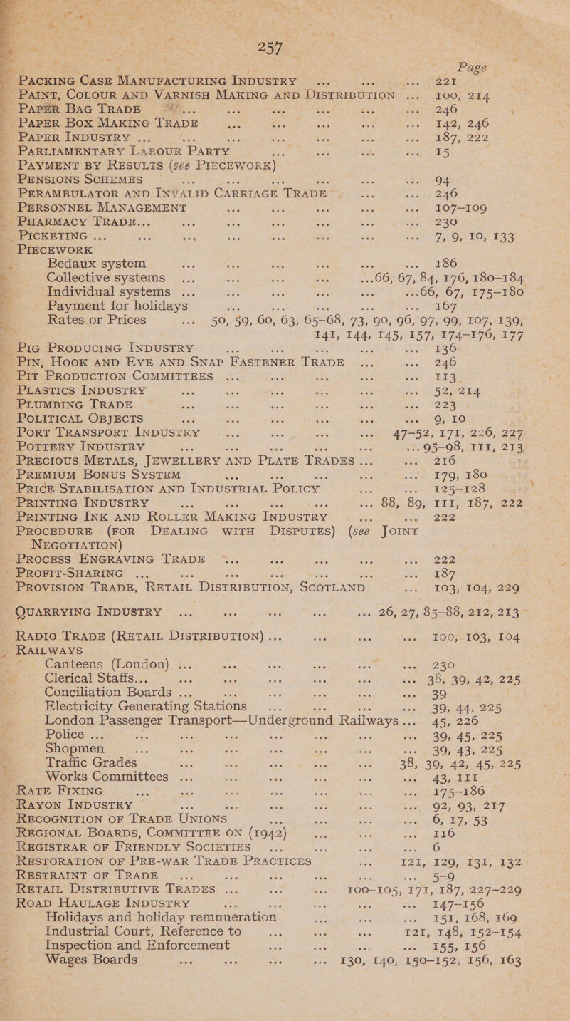 a ‘ ae] , . oo pe? be \ m4 wi 2 57 a : y ps  Picea CasE ee Onin INDUSTRY... Kee ~Parnt, CoLOUR AND VARNISH MAKING AND DISTRIBUTION hs » PAPER BaG TRADE oe Anis Ae re ae Set _ PapeR Box Maxine TRADE Be PapER INDUSTRY ... , PARLIAMENTARY LABOUR PARTY PAYMENT BY RESULTS (s¢e PIECEWORK) - PENSIONS SCHEMES _..,. PERAMBULATOR AND INYALID CARRIAGE TRADE PERSONNEL MANAGEMENT _ PHarRMacy TRADE... : _PICKETING ... bes eg PIECEWORK = Bedaux system » ~~ Collective systems Individual systems . Payment for holidays Rates or Prices y _ Pic PRopucine INDUSTRY Prin, Hook anp EYE AND SNAP FAastpNeR TRADE Pir PrRopucTIoN COMMITTEES PLASTICS INDUSTRY PLUMBING TRADE POLITICAL OBJECTS a Port TRANSPORT INDUSTRY - PoTTERY INDUSTRY am _ Precious METALS, JEWELLERY AND PLATE eee oe PREMIUM BONUS SYSTEM Price STABILISATION AND INDUSTRIAL Portcy me Bibi PRINTING INDUSTRY ah sae O05 OO} PRINTING INK AND ROLLER MAKING INDUSTRY cae “anes PROCEDURE (FOR DEALING witTH DispuTES) (see JOINT NEGOTIATION) ~PRocESS ENGRAVING TRADE - PROFIT-SHARING ; PROVISION TRADE, RETAIL DISTRIBUTION, SCOTLAND QUARRYING INDUSTRY RavDIo TRADE (RETAIL DISTRIBUTION) ... _ Ratways * Canteens (London) }.. se Clerical Staffs.. a a Conciliation Boards ae Electricity Generating Stations : London Passenger Transport—Underground Railways .. Police ... oe ae. xe 1S ‘ Shopmen : Traffic Grades * sit ae | Works Committees ... oe mls RATE FIXING “Rayon INDUSTRY : RECOGNITION OF TRADE Unions | =e REGIONAL BoarpDs, COMMITTEE ON (1942) REGISTRAR OF FRIENDLY SOCIETIES eae RESTORATION OF PRE-WAR TRADE PRACTICES RESTRAINT OF TRADE RETAIL DISTRIBUTIVE TRADES RoaD HAULAGE INDUSTRY Holidays and holiday remuneration Industrial Court, Reference to ee Inspection and Enforcement ese sare 4 Wages Boards nee ide i) T2t, Page 221 100, 214 246 ‘ 142, 246 TO] 922 T5 94 246 107-109 230 7, 9, 10, 133 186 167 136 246 EES. 52, 214 223 9g, 10 216 179, 180 125-128 TET, §87,-222 222 222 187 103, 104, 229 100;-103, 104 230 44, 225 39, 45, 225 39, 43, 225 43, 111 175-186 92, 93, 217 6, 17, 53 I16 6 129, 131, 5-9 132 147-156 151, 168, 169 155, 156