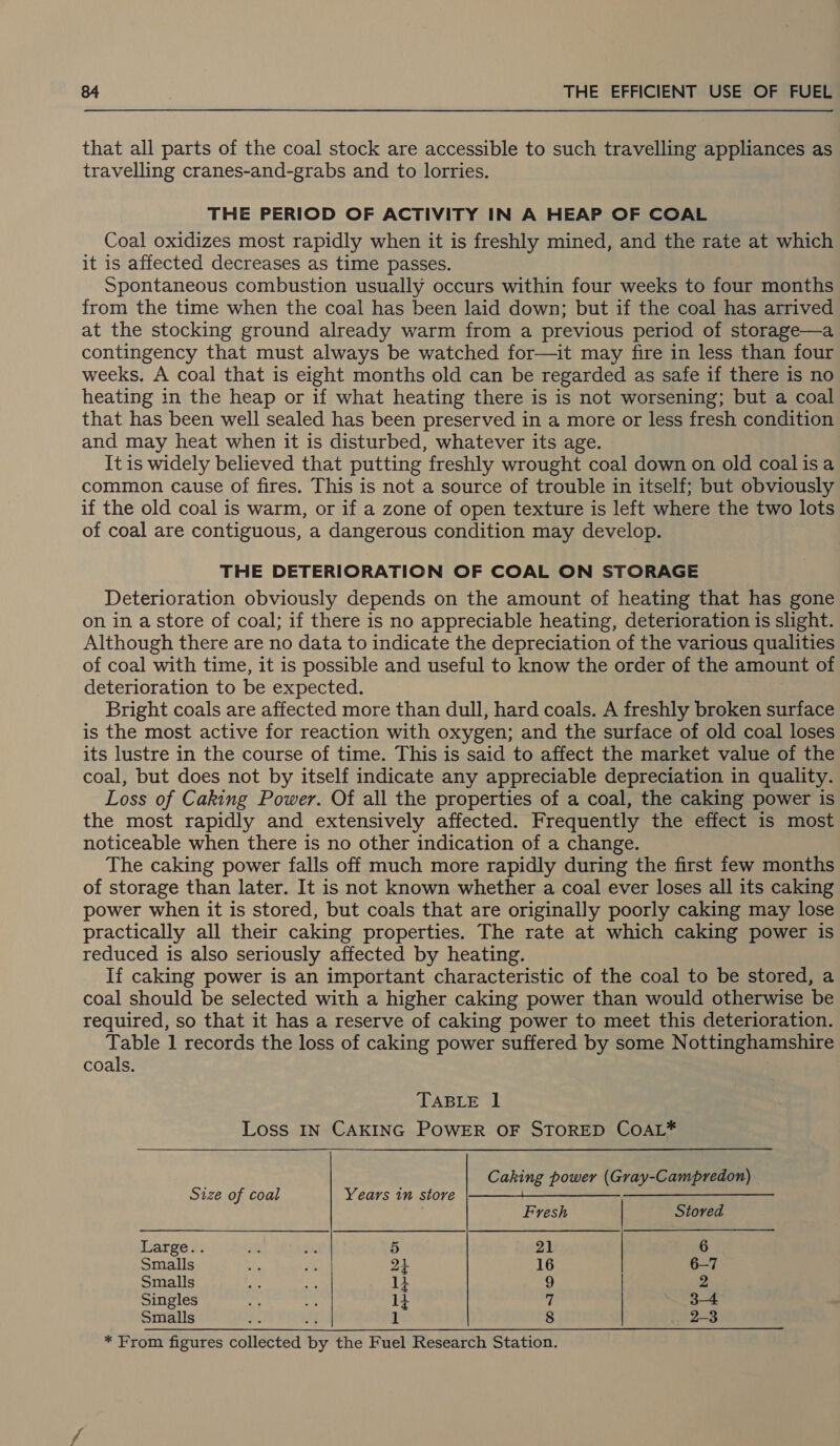 that all parts of the coal stock are accessible to such travelling appliances as travelling cranes-and-grabs and to lorries. THE PERIOD OF ACTIVITY IN A HEAP OF COAL Coal oxidizes most rapidly when it is freshly mined, and the rate at which it is affected decreases as time passes. Spontaneous combustion usually occurs within four weeks to four months from the time when the coal has been laid down; but if the coal has arrived at the stocking ground already warm from a previous period of storage—a contingency that must always be watched for—it may fire in less than four weeks. A coal that is eight months old can be regarded as safe if there is no heating in the heap or if what heating there is is not worsening; but a coal that has been well sealed has been preserved in a more or less fresh condition and may heat when it is disturbed, whatever its age. It is widely believed that putting freshly wrought coal down on old coal isa common cause of fires. This is not a source of trouble in itself; but obviously if the old coal is warm, or if a zone of open texture is left where the two lots of coal are contiguous, a dangerous condition may develop. THE DETERIORATION OF COAL ON STORAGE Deterioration obviously depends on the amount of heating that has gone on in a store of coal; if there is no appreciable heating, deterioration is slight. Although there are no data to indicate the depreciation of the various qualities of coal with time, it is possible and useful to know the order of the amount of deterioration to be expected. Bright coals are affected more than dull, hard coals. A freshly broken surface is the most active for reaction with oxygen; and the surface of old coal loses its lustre in the course of time. This is said to affect the market value of the coal, but does not by itself indicate any appreciable depreciation in quality. Loss of Caking Power. Of all the properties of a coal, the caking power is the most rapidly and extensively affected. Frequently the effect is most noticeable when there is no other indication of a change. The caking power falls off much more rapidly during the first few months of storage than later. It is not known whether a coal ever loses all its caking power when it is stored, but coals that are originally poorly caking may lose practically all their caking properties. The rate at which caking power is reduced is also seriously affected by heating. If caking power is an important characteristic of the coal to be stored, a coal should be selected with a higher caking power than would otherwise be required, so that it has a reserve of caking power to meet this deterioration. Table 1 records the loss of caking power suffered by some Nottinghamshire coals. TABLE 1 Loss IN CAKING POWER OF STORED COAL* Caking power (Gray-Campredon)  Size of coal Years in stove é Fresh Stored Large. . 5 21 6 Smalls 2} 16 6-7 Smalls It 9 2 Singles 1} 7 3—4 Smalls I 8 2-3 * From figures collected ey the Fuel Research Station.