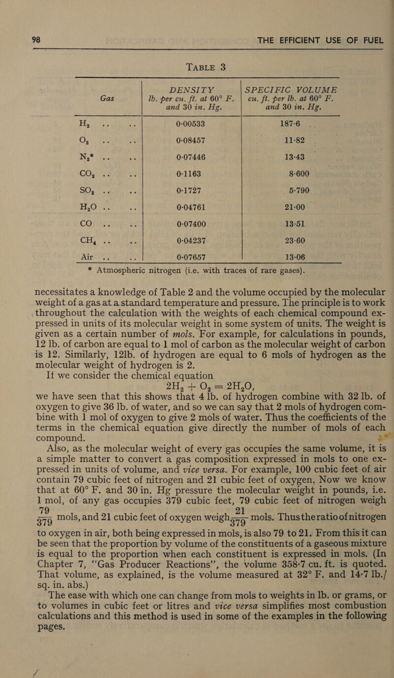  TABLE 3 DENSITY SPECIFIC VOLUME Gas lb. per cu. ft. at 60° F. | cu. ft. per lb. at 60° F. and 30 in. Hg. and 30 in. Hg. ag Frey he 0-00533 187-6 Ce ae 4 0:08457 11-82 Nit. a 0-07446 13-43 COs ar 0-1163 8-600 ro Pye we 0-1727 5-790 H,O .. a 0:04761 21-00 COPE. a 0:07400 13-51 Cosi. 8 hy 0:04237 23-60 Aire a 0-07657 13-06 * Atmospheric nitrogen (i.e. with traces of rare gases). necessitates a knowledge of Table 2 and the volume occupied by the molecular weight of a gas at a standard temperature and pressure. The principle is to work throughout the calculation with the weights of each chemical compound ex- pressed in units of its molecular weight in some system of units. The weight is given as a certain number of mo/s. For example, for calculations in pounds, 12 lb. of carbon are equal to 1 mol of carbon as the molecular weight of carbon is 12. Similarly, 12lb. of hydrogen are equal to 6 mols of hydrogen as the molecular weight of hydrogen is 2. If we consider the chemical equation 2H, + O, = 2H,0, we have seen that this shows that f tb. of hydrogen combine with 32 Ib. of oxygen to give 36 lb. of water, and so we can say that 2 mols of hydrogen com- bine with 1 mol of oxygen to give 2 mols of water. Thus the coefficients of the terms in the chemical equation give directly the number of mols of each compound. Nal Also, as the molecular weight of every gas occupies the same volume, it is a simple matter to convert a gas composition expressed in mols to one ex- pressed in units of volume, and vice versa. For example, 100 cubic feet of air contain 79 cubic feet of nitrogen and 21 cubic feet of oxygen, Now we know that at 60° F. and 30 in. Hg pressure the molecular weight in pounds, i.e. 1 mol, of any gas occupies 379 cubic feet, 79 cubic feet of nitrogen weigh ahd mols, and 21 cubic feet of oxygen anes mols. Thustheratio of nitrogen to oxygen in air, both being expressed in mols, is also 79 to 21. From this it can be seen that the proportion by volume of the constituents of a gaseous mixture is equal to the proportion when each constituent is expressed in mols. (In Chapter 7, “Gas Producer Reactions’, the volume 358-7 cu. ft. is quoted. That volume, as explained, is the volume measured at 32°F, and 14-7 Ib. / sq. in. abs.) The ease with which one can change from mols to weights in lb. or grams, or to volumes in cubic feet or litres and vice versa simplifies most combustion calculations and this method is used in some of the examples in the following pages.