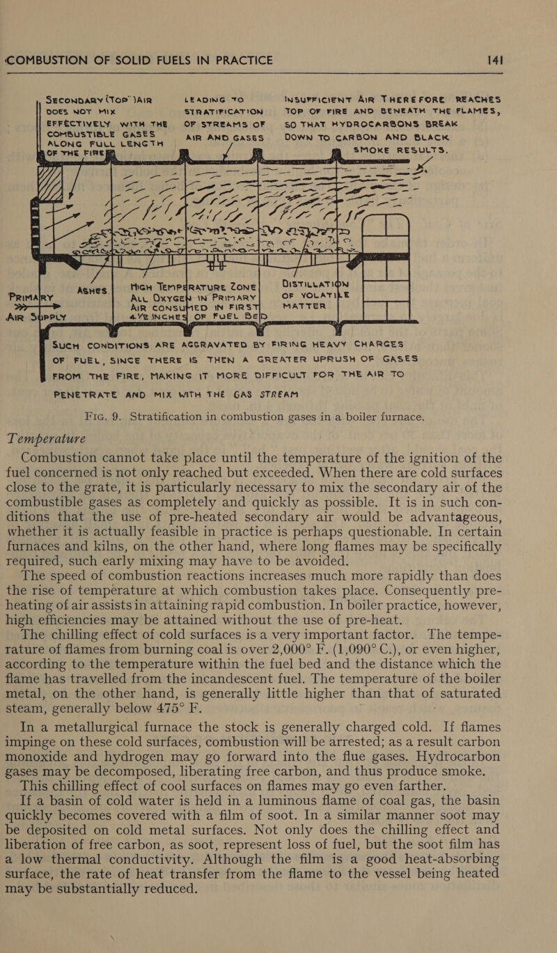 SECONDARY (Tor )AiR LEADING TO INSUFFICIENT AIR THEREFORE REACHES DOES NOT MIX STRATIFICATION TOP OF FIRE AND BENEATH THE FLAMES, EFFECTIVELY with THE OF STREAMS OF SO THAT HYDROCARBONS BREAK COMBUSTIBLE GASES AIR AND GASES DOWN To CARBON AND BLACK ALONG FULL LENGTH . %   ROOF THE FIRE oe te SMOKE RESULTS. PENETRATE AND MIX WITH THE GAS STREAM Fic. 9. Stratification in combustion gases in a boiler furnace. Temperature Combustion cannot take place until the temperature of the ignition of the fuel concerned is not only reached but exceeded. When there are cold surfaces close to the grate, it is particularly necessary to mix the secondary air of the combustible gases as completely and quickly as possible. It is in such con- ditions that the use of pre-heated secondary air would be advantageous, whether it is actually feasible in practice is perhaps questionable. In certain furnaces and kilns, on the other hand, where long flames may be specifically required, such early mixing may have to be avoided. The speed of combustion reactions increases much more rapidly than does the rise of temperature at which combustion takes place. Consequently pre- heating of air assists in attaining rapid combustion. In boiler practice, however, high efficiencies may be attained without the use of pre-heat. The chilling effect of cold surfaces is a very important factor. The tempe- rature of flames from burning coal is over 2,000° F. (1,090° C.), or even higher, according to the temperature within the fuel bed and the distance which the flame has travelled from the incandescent fuel. The temperature of the boiler metal, on the other hand, is generally little higher than that of saturated steam, generally below 47 5° F, In a metallurgical furnace the stock is generally charged cold. If flames impinge on these cold surfaces, combustion will be arrested; as a result carbon monoxide and hydrogen may go forward into the flue gases. Hydrocarbon gases may be decomposed, liberating free carbon, and thus produce smoke. This chilling effect of cool surfaces on flames may go even farther. If a basin of cold water is held in a luminous flame of coal gas, the basin quickly becomes covered with a film of soot. In a similar manner soot may be deposited on cold metal surfaces. Not only does the chilling effect and liberation of free carbon, as soot, represent loss of fuel, but the soot film has a low thermal conductivity. Although the film is a good heat-absorbing surface, the rate of heat transfer from the flame to the vessel being heated may be substantially reduced.