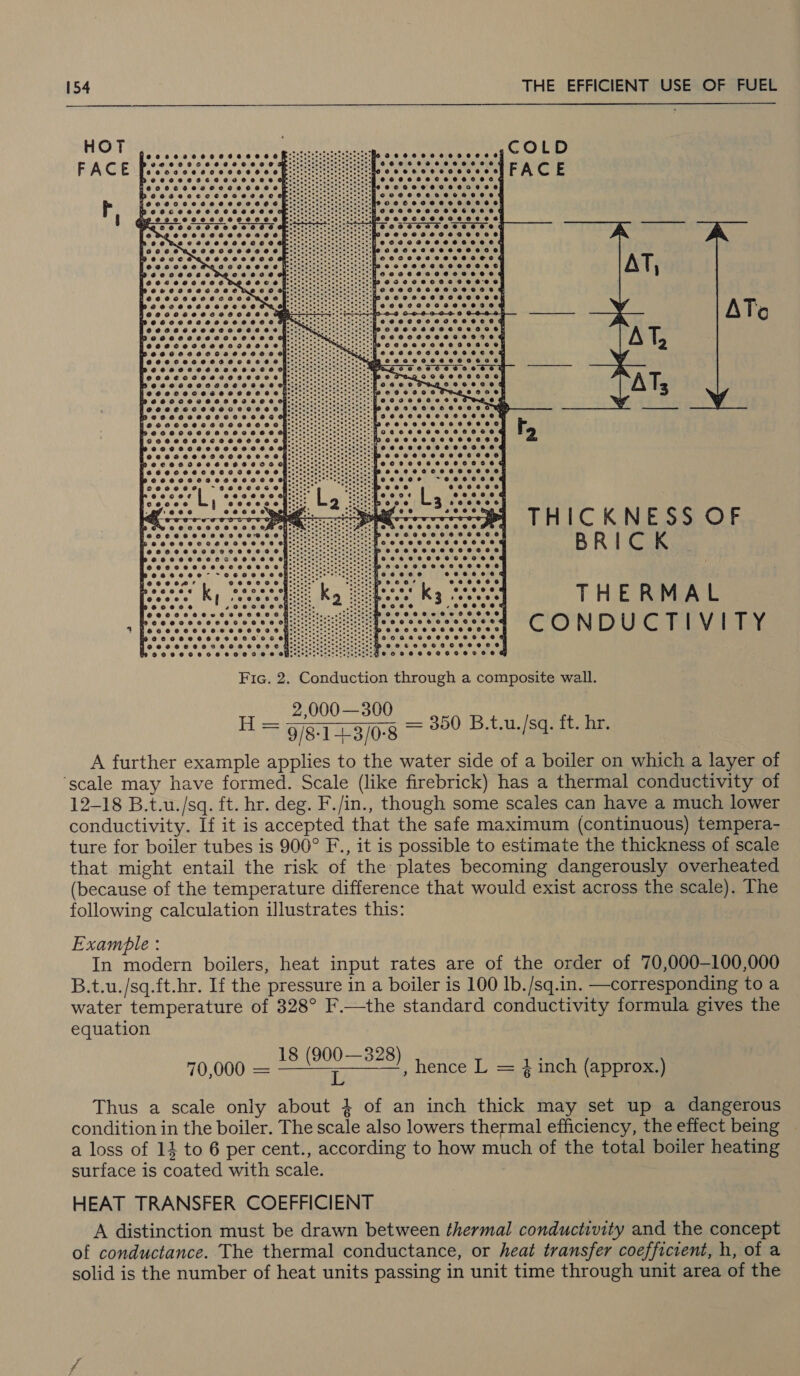  THICKNESS OF BRICK THERMAL CONDUCTIVITY  Fic. 2. Conduction through a composite wall. 7 2,000—300 ~ 9/8-14-3/0-8 A further example applies to the water side of a boiler on which a layer of ‘scale may have formed. Scale (like firebrick) has a thermal conductivity of 12-18 B.t.u./sq. ft. hr. deg. F./in., though some scales can have a much lower conductivity. If it is accepted that the safe maximum (continuous) tempera- ture for boiler tubes is 900° F., it is possible to estimate the thickness of scale that might entail the risk of the plates becoming dangerously overheated (because of the temperature difference that would exist across the scale). The following calculation illustrates this: Example : In modern boilers, heat input rates are of the order of 70,000-100,000 B.t.u./sq.ft-hr. If the pressure in a boiler is 100 lb./sq.in. —corresponding to a water temperature of 328° F.—the standard conductivity formula gives the equation  350 B.t.u./sq. ft. hr. 70,000 = oe , hence L = } inch (approx.) Thus a scale only about 4 of an inch thick may set up a dangerous condition in the boiler. The scale also lowers thermal efficiency, the effect being | a loss of 14 to 6 per cent., according to how much of the total boiler heating surface is coated with scale. HEAT TRANSFER COEFFICIENT A distinction must be drawn between thermal conductivity and the concept of conductance. The thermal conductance, or heat transfer coefficient, h, of a solid is the number of heat units passing in unit time through unit area of the