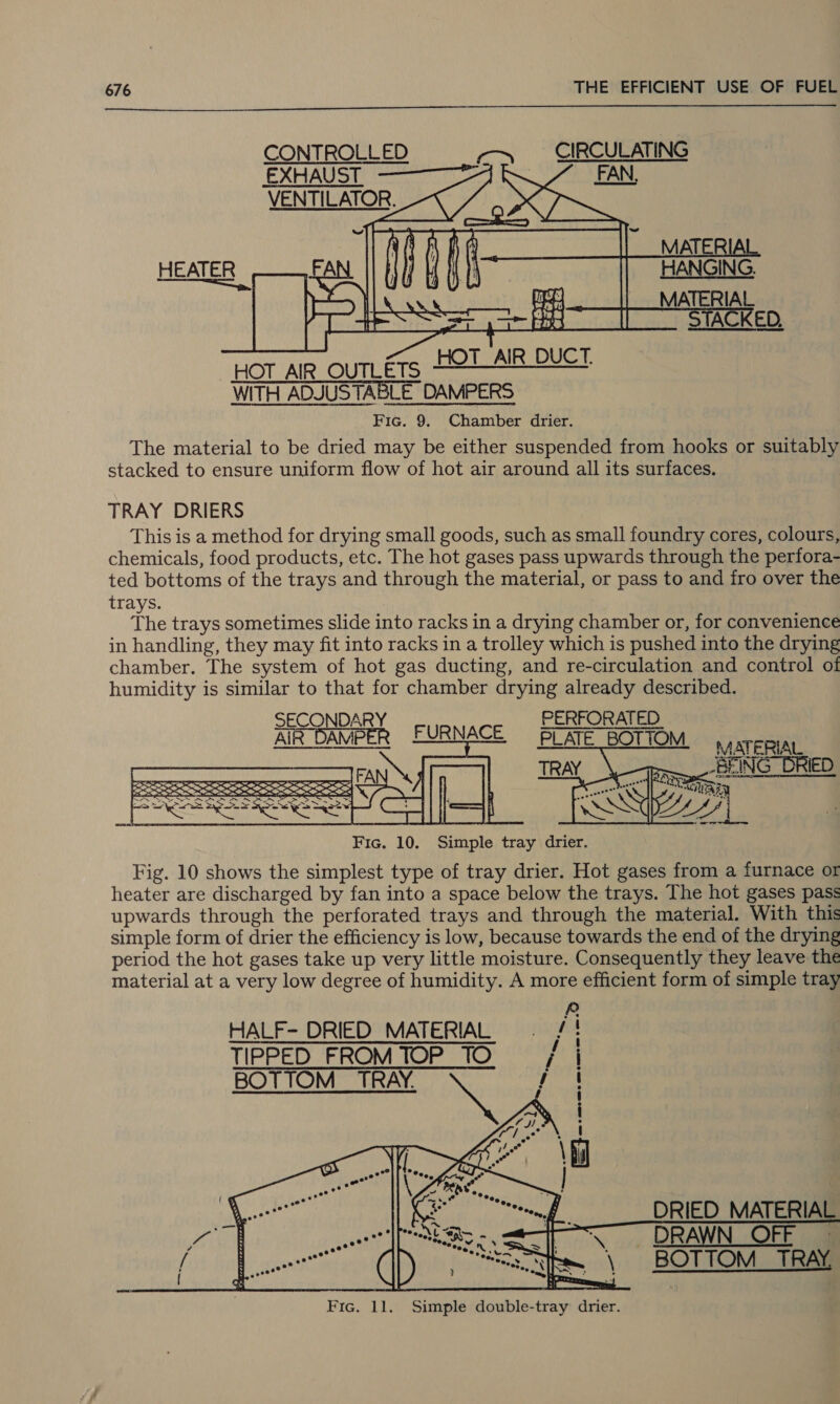  CONTROLLED — CIRCULATING ee    HEATER eae The material to be dried may be either suspended from hooks or suitably stacked to ensure uniform flow of hot air around all its surfaces. TRAY DRIERS This is a method for drying small goods, such as small foundry cores, colours, chemicals, food products, etc. The hot gases pass upwards through the perfora- ted bottoms of the trays and through the material, or pass to and fro over the trays. The trays sometimes slide into racks in a drying chamber or, for convenience in handling, they may fit into racks in a trolley which is pushed into the drying chamber. The system of hot gas ducting, and re-circulation and control of humidity is similar to that for chamber drying already described. SECONDARY PERFORATED AiR DAMPER FURNACE §/°ATE BOTIOM Fic. 10. Simple tray drier.    Fig. 10 shows the simplest type of tray drier. Hot gases from a furnace ot heater are discharged by fan into a space below the trays. The hot gases pass upwards through the perforated trays and through the material. With this simple form of drier the efficiency is low, because towards the end of the drying period the hot gases take up very little moisture. Consequently they leave the material at a very low degree of humidity. A more efficient form of simple tray HALF- DRIED MATERIAL . / TIPPED FROMTOP TO / BOTTOM _TRAY. x /    DRIED MATERIAL     aoe? oat |B econ é BS ' DRAWN_ OFF N OFF Bese. () SSSSIbS || BOTTOM TRAY, Fic. 11. Simple double-tray drier.