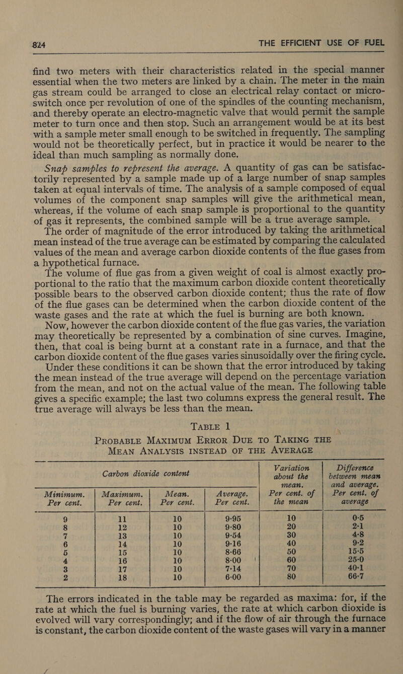  find two meters with their characteristics related in the special manner essential when the two meters are linked by a chain. The meter in the main gas stream could be arranged to close an electrical relay contact or micro- switch once per revolution of one of the spindles of the counting mechanism, and thereby operate an electro-magnetic valve that would permit the sample meter to turn once and then stop. Such an arrangement would be at its best with a sample meter small enough to be switched in frequently. The sampling would not be theoretically perfect, but in practice it would be nearer to the ideal than much sampling as normally done. Snap samples to represent the average. A quantity of gas can be satisfac- torily represented by a sample made up of a large number of snap samples taken at equal intervals of time. The analysis of a sample composed of equal volumes of the component snap samples will give the arithmetical mean, whereas, if the volume of each snap sample is proportional to the quantity of gas it represents, the combined sample will be a true average sample. The order of magnitude of the error introduced by taking the arithmetical mean instead of the true average can be estimated by comparing the calculated values of the mean and average carbon dioxide contents of the flue gases from a hypothetical furnace. The volume of flue gas from a given weight of coal is almost exactly pro- portional to the ratio that the maximum carbon dioxide content theoretically possible bears to the observed carbon dioxide content; thus the rate of flow of the flue gases can be determined when the carbon dioxide content of the waste gases and the rate at which the fuel is burning are both known. Now, however the carbon dioxide content of the flue gas varies, the variation may theoretically be represented by a combination of sine curves. Imagine, then, that coal is being burnt at a constant rate in a furnace, and that the carbon dioxide content of the flue gases varies sinusoidally over the firing cycle. Under these conditions it can be shown that the error introduced by taking the mean instead of the true average will depend on the percentage variation from the mean, and not on the actual value of the mean. The following table gives a specific example; the last two columns express the general result. The true average will always be less than the mean. TABLE l PROBABLE MAXIMUM ERROR DUE TO TAKING THE ) MEAN ANALYSIS INSTEAD OF THE AVERAGE  nine Variation Difference Carbon dioxide content EGET Ve b Fertile T= a tl eS eeepc mean. and average. Minimum. Maximum. Mean. Average. Per cent. of Per cent. of Per cenit. Per cent. Per cent. Per cent. the mean average 9 11 10 9-95 10 0-5 8 12 10 9-80 20 2-1 7 13 10 9-54 30 4:8 6 14 10 9-16 40 9-2 5 15 10 8-66 50 15-5 4 16 10 8:00 60 25-0 3 17 10 7-14 70 40:1 2 18 10 6-00 80 66-7  The errors indicated in the table may be regarded as maxima: for, if the rate at which the fuel is burning varies, the rate at which carbon dioxide is evolved will vary correspondingly; and if the flow of air through the furnace is constant, the carbon dioxide content of the waste gases will vary in a manner