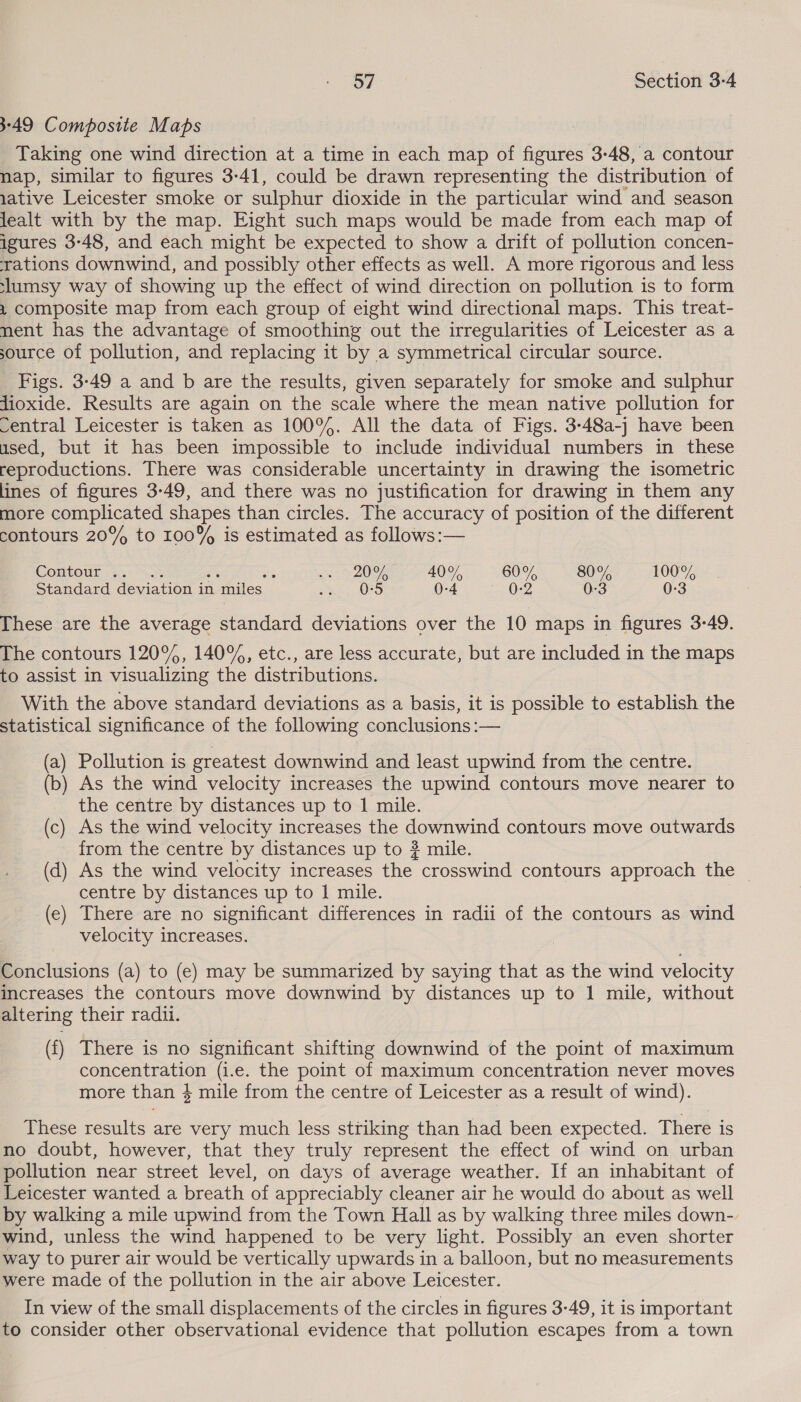 3-49 Composite Maps Taking one wind direction at a time in each map of figures 3-48, a contour nap, similar to figures 3-41, could be drawn representing the distribution of ative Leicester smoke or sulphur dioxide in the particular wind and season lealt with by the map. Eight such maps would be made from each map of igures 3-48, and each might be expected to show a drift of pollution concen- rations downwind, and possibly other effects as well. A more rigorous and less slumsy way of showing up the effect of wind direction on pollution is to form 2 composite map from each group of eight wind directional maps. This treat- ment has the advantage of smoothing out the irregularities of Leicester as a source of pollution, and replacing it by a symmetrical circular source. Figs. 3-49 a and b are the results, given separately for smoke and sulphur dioxide. Results are again on the scale where the mean native pollution for ventral Leicester is taken as 100°. All the data of Figs. 3-48a-] have been used, but it has been impossible to include individual numbers in these reproductions. There was considerable uncertainty in drawing the isometric lines of figures 3-49, and there was no justification for drawing in them any more complicated shapes than circles. The accuracy of position of the different contours 20% to 100% is estimated as follows:— Contour .. Sores 0 40Y, G0 B06 7 1009, Standard deviation in 2 miles a U5 0-4 (02 0-3 0-3 These are the average standard deviations over the 10 maps in figures 3-49. The contours 120%, 140%, etc., are less accurate, but are included in the maps to assist in visualizing the distributions. With the above standard deviations as a basis, it is possible to establish the statistical significance of the following conclusions :— (a) Pollution is greatest downwind and least upwind from the centre. (b) As the wind velocity increases the upwind contours move nearer to the centre by distances up to | mile. (c) As the wind velocity increases the downwind contours move outwards from the centre by distances up to ? mile. (d) As the wind velocity increases the. crosswind contours approach the © centre by distances up to 1 mile. (e) There are no significant differences in radii of the contours as wind velocity increases. Conclusions (a) to (e) may be summarized by saying that as the wind velocity increases the contours move downwind by distances up to 1 mile, without altering their radii. (f) There is no significant shifting downwind of the point of maximum concentration (i.e. the point of maximum concentration never moves more than 4 mile from the centre of Leicester as a result of wind). These results are very much less striking than had been expected. There is no doubt, however, that they truly represent the effect of wind on urban pollution near street level, on days of average weather. If an inhabitant of Leicester wanted a breath of appreciably cleaner air he would do about as well by walking a mile upwind from the Town Hall as by walking three miles down- wind, unless the wind happened to be very light. Possibly an even shorter way to purer air would be vertically upwards in a balloon, but no measurements were made of the pollution in the air above Leicester. In view of the small displacements of the circles in figures 3-49, it is important to consider other observational evidence that pollution escapes from a town