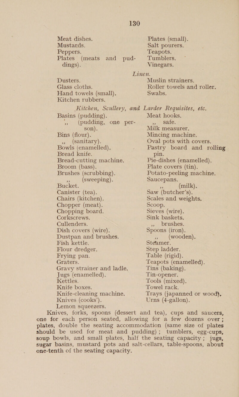 Meat dishes. Plates (small). Mustards. Salt pourers. Peppers. Teapots. Plates’ (meats and pud- Tumblers. dings). Vinegars. Linen. Dusters. Glass cloths. Hand towels (small). Muslin strainers. Roller towels and roller. Swabs. Kitchen rubbers. Kitchen, Scullery, and Larder Requisites, etc. Basins (pudding). Meat hooks. »» (pudding, one per- Safe: son). Milk measurer. Bins (flour). Mincing machine. », (sanitary). Oval pots with covers. Bowls (enamelled). ; Pastry board and rolling Bread knife. pin. Pie-dishes (enamelled). Plate covers (tin). Brushes (scrubbing). Potato-peeling machine. 5 (sweeping). Saucepans. Bucket. i (milk). Canister (tea). Saw (butcher’s). Chairs (kitchen). Scales and weights. Chopper (meat). Scoop. Chopping board. Sieves (wire). Bread-cutting machine. Broom (bass). Corkscrews. Sink baskets. Cullenders. ,, brushes. Dish covers (wire). Spoons (iron). Dustpan and brushes. », (wooden). Fish kettle. Steamer. Step ladder. Table (rigid). Teapots (enamelled). Tins (baking). Tin-opener. Tools (mixed). Towel rack. Trays (japanned or wood), Urns (4-gallon). Flour dredger. Frying pan. Graters. Gravy strainer and ladle. Jugs (enamelled). Kettles. Knife boxes. Knife-cleaning machine. Knives (cooks’). Lemon squeezers. Knives, forks, spoons (dessert and tea), cups and saucers, one for each person seated, allowing for a few dozens over; plates, double the seating accommodation (same size of plates should be used for meat and pudding); tumblers, egg-cups, soup bowls, and small plates, half the seating capacity; jugs, sugar basins, mustard pots and salt-cellars, table-spoons, about one-tenth of the seating capacity.