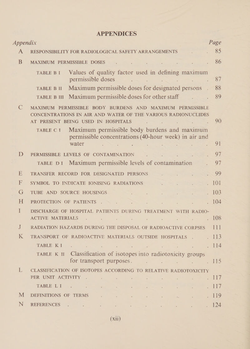 APPENDICES Appendix Page A RESPONSIBILITY FOR RADIOLOGICAL SAFETY ARRANGEMENTS : eS B = MAXIMUM PERMISSIBLE DOSES. ; ; ; . 86 TABLE BI Values of quality factor used in defining maximum permissible doses ; . ees) TABLE B 11 Maximum permissible doses for ee persons . 88 TABLE B It! Maximum permissible doses for other staff . 89 (C MAXIMUM PERMISSIBLE BODY BURDENS AND MAXIMUM PERMISSIBLE CONCENTRATIONS IN AIR AND WATER OF THE VARIOUS RADIONUCLIDES AT PRESENT BEING USED IN HOSPITALS P > GR) TABLE C1! Maximum permissible body burdens and maximum permissible concentrations (40-hour week) in air and water , ; , : ot ID PERMISSIBLE LEVELS OF CONTAMINATION ; a SG, TABLE DI Maximum permissible levels of contamination . E TRANSFER RECORD FOR DESIGNATED PERSONS =~. 99 F SYMBOL TO INDICATE IONISING RADIATIONS : ROT G TUBE AND SOURCE HOUSINGS ; ; ; . 203 H PROTECTION OF PATIENTS . . 104 I DISCHARGE OF HOSPITAL PATIENTS DURING TREATMENT WITH RADIO- ACTIVE MATERIALS. , ; ; OS J RADIATION HAZARDS DURING THE DISPOSAL OF RADIOACTIVE CORPSES 111 Kk TRANSPORT OF RADIOACTIVE MATERIALS OUTSIDE HOSPITALS . < aS TABLE KI. ; ; ; . 114 TABLE K 1H Classification of isotopes into radiotoxicity groups for transport purposes. dS L__CLASSIFICATION OF ISOTOPES ACCORDING TO RELATIVE RADIOTOXICITY PER UNIT ACTIVITY . , . a ei TABLE DE «4 : asl M_ DEFINITIONS OF TERMS : ee eis) NN. REFERENCES. ; , . 124 (Xl)