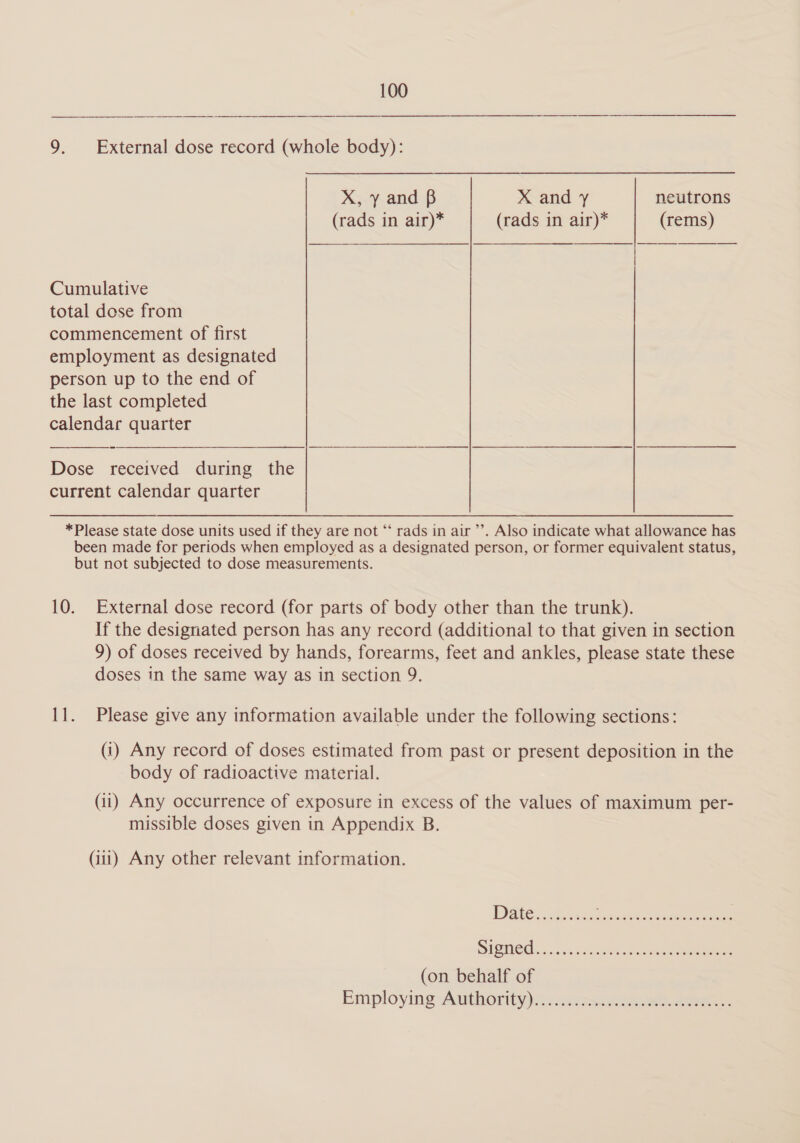 9. External dose record (whole body): X, y and B X and y neutrons (rads in air)* (rads in air)* (rems)    Cumulative total dose from commencement of first employment as designated person up to the end of the last completed calendar quarter Dose received during the current calendar quarter *Please state dose units used if they are not ‘‘ rads in air ’’. Also indicate what allowance has been made for periods when employed as a designated person, or former equivalent status, but not subjected to dose measurements. 10. External dose record (for parts of body other than the trunk). If the designated person has any record (additional to that given in section 9) of doses received by hands, forearms, feet and ankles, please state these doses in the same way as in section 9. 11. Please give any information available under the following sections: (1) Any record of doses estimated from past or present deposition in the body of radioactive material. (iit) Any occurrence of exposure in excess of the values of maximum per- missible doses given in Appendix B. (ii) Any other relevant information. (on behalf of Employing Authority)... ee ee