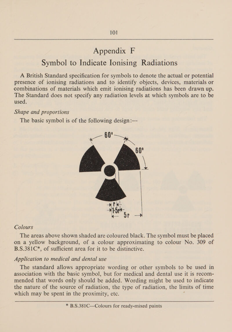 Appendix F Symbol to Indicate Ionising Radiations A British Standard specification for symbols to denote the actual or potential presence of ionising radiations and to identify objects, devices, materials or combinations of materials which emit ionising radiations has been drawn up. The Standard does not specify any radiation levels at which symbols are to be used. Shape and proportions The basic symbol is of the following design :— — oinppeow & | HW te r Colours The areas above shown shaded are coloured black. The symbol must be placed on a yellow background, of a colour approximating to colour No. 309 of B.S.381C*, of sufficient area for it to be distinctive. Application to medical and dental use The standard allows appropriate wording or other symbols to be used in association with the basic symbol, but for medical and dental use it is recom- mended that words only should be added. Wording might be used to indicate the nature of the source of radiation, the type of radiation, the limits of time which may be spent in the proximity, etc. * B.S.381C—Colours for ready-mixed paints