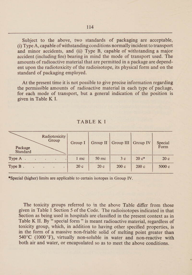   Subject to the above, two standards of packaging are acceptable, (i) Type A, capable of withstanding conditions normally incident to transport and minor accidents, and (ii) Type B, capable of withstanding a major accident (including fire) bearing in mind the mode of transport used. The amounts of radioactive material that are permitted in a package are depend- ent upon the radiotoxicity of the radioisotope, its physical form and on the standard of packaging employed. At the present time it is not possible to give precise information regarding the permissible amounts of radioactive material in each type of package, for each mode of transport, but a general indication of the position is given in Table K I. TABLE K I Radiotoxicity Group    Group I | Group II | Group III | Group IV | _ Special Package Form Standard Type A . : , : é 1 mc 50 mc Bie: 20: c* 20 c Type B. ; ; ‘ : 20 c 20:¢ 200 c 200 c 5000 c  *Special (higher) limits are applicable to certain isotopes in Group IV. The toxicity groups referred to in the above Table differ from those given in Table 1 Section 5 of the Code. The radioisotopes indicated in that Section as being used in hospitals are classified in the present context as in Table K II. By “ special form” is meant radioactive material, regardless of toxicity group, which, in addition to having other specified properties, is in the form of a massive non-friable solid of melting point greater than 540°C (1000 °F), virtually non-soluble in water and non-reactive with both air and water, or encapsulated so as to meet the above conditions.