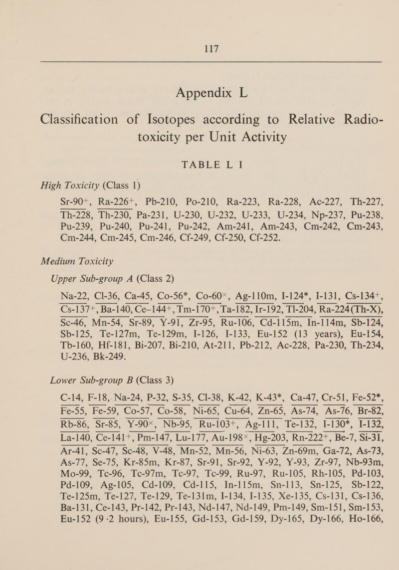 Appendix L Classification of Isotopes according to Relative Radio- toxicity per Unit Activity TABLE L I High Toxicity (Class 1) Sr-90+, Ra-226+, Pb-210, Po-210, Ra-223, Ra-228, Ac-227, Th-227, Th-228, Th-230, Pa-231, U-230, U-232, U-233, U-234, Np-237, Pu-238, Pu-239, Pu-240, Pu-241, Pu-242, Am-241, Am-243, Cm-242, Cm-243, Cm-244, Cm-245, Cm-246, Cf-249, Cf-250, Cf-252. Medium Toxicity Upper Sub-group A (Class 2) Na-22, Cl-36, Ca-45, Co-56*, Co-60*, Ag-110m, 1-124*, T-131, Cs-134+, Cs-137+, Ba-140, Ce-144+, Tm-170+, Ta-182, Ir-192, T1-204, ‘Ra-224(Th-X), Sc-46, 46, Mn-54, Sr-89, ¥ 89, Y- 91, Zr-9. Zr-95, Ru- Ru-106, Cd- 115m, hh In-114m, Sb-124, Sb-125, Te-127m, Te-129m, I-126, I-133, Eu-152 (13 years), Eu-154, Tb-160, Hf-181, Bi-207, Bi-210, At-211, Pb-212, Ac-228, Pa-230, Th-234, U-236, Bk-249. Lower Sub-group B (Class 3) C-14, F-18, Na-24, P-32, S-35, Cl-38, K-42, K-43*, Ca-47, Cr-51, Fe-52*, Neen ee ooo se Uae Rb-86, Sr-85, Y-90*, Nb-95, Ru-103+, Ag-111, Te-132, 1-130*, [-132, ee La-140, Ce-141+, Pm-147, Lu-177, Au-198*, Hg-203, Rn-222*, Be Be-7, Si-31, Ar-41, 41, Sc-47, Sc- 48, V-48, “Mp-5- 52, Mn-56, Ni-63, Zn-69m, Ga-72, As-73, As-77, Se-75, Kr-85m, Kr-87, Sr-91, Sr-92, Y-92, Y-93, Zr-97, Nb-93m, Mo-99, Tc-96, Tc-97m, Tc-97, Tc-99, Ru-97, Ru-105, Rh-105, Pd-103, Pd-109, Ag-105, Cd-109, Cd-115, In-115m, Sn-113, Sn-125, Sb-122, Te-125m, Te-127, Te-129, Te-131m, I-134, I-135, Xe-135, Cs-131, Cs-136, Ba-131, Ce-143, Pr-142, Pr-143, Nd-147, Nd-149, Pm-149, Sm-151, Sm-153, Eu-152 (9-2 hours), Eu-155, Gd-153, Gd-159, Dy-165, Dy-166, Ho-166,