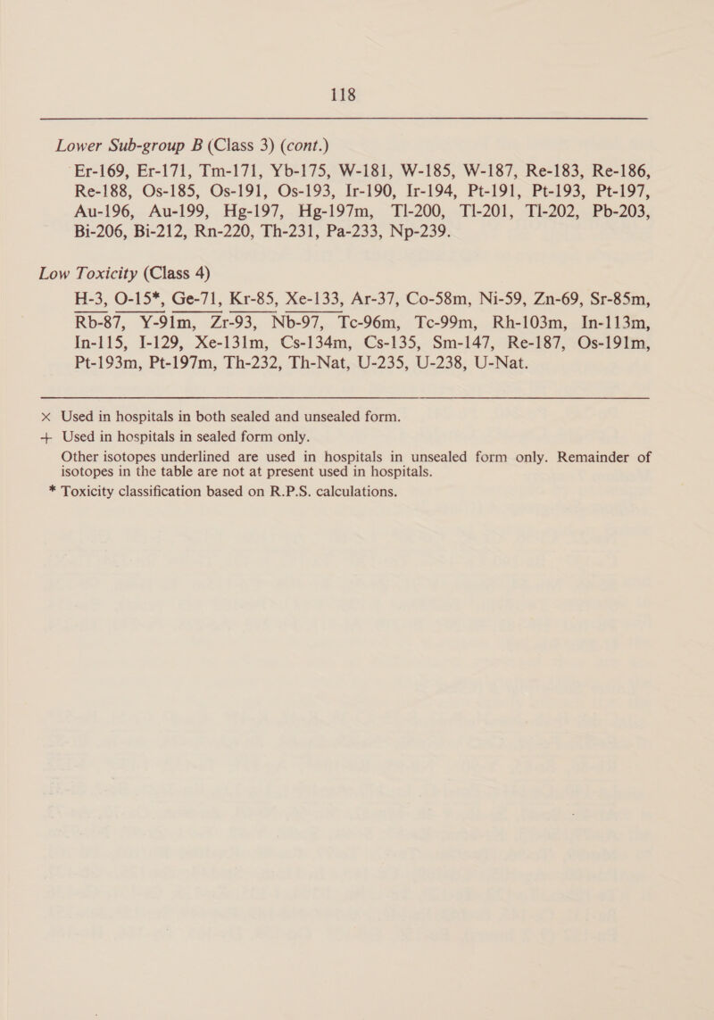 Lower Sub-group B (Class 3) (cont.) Er-169, Er-171, Tm-171, Yb-175, W-181, W-185, W-187, Re-183, Re-186, Re-188, Os-185, Os-191, Os-193, Ir-190, Ir-194, Pt-191, Pt-193, Pt-197, Au-196, Au-199, Hg-197, Hg-197m, TI-200, T1-201, Tl-202, Pb-203, Bi-206, Bi-212, Rn-220, Th-231, Pa-233, Np-239. Low Toxicity (Class 4) H-3, O-15*, Ge-71, Kr-85, Xe-133, Ar-37, Co-58m, Ni-59, Zn-69, Sr-85m, Rb-87, Y-91m, Zr-93, Nb-97, Tc-96m, Tc-99m, Rh-103m, In-113m, In-115, 1-129, Xe-13lm, Cs-134m, Cs-135, Sm-147, Re-187, Os-191m, Pt-193m, Pt-197m, Th-232, Th-Nat, U-235, U-238, U-Nat. x Used in hospitals in both sealed and unsealed form. + Used in hospitals in sealed form only. Other isotopes underlined are used in hospitals in unsealed form only. Remainder of isotopes in the table are not at present used in hospitals. * Toxicity classification based on R.P.S. calculations.